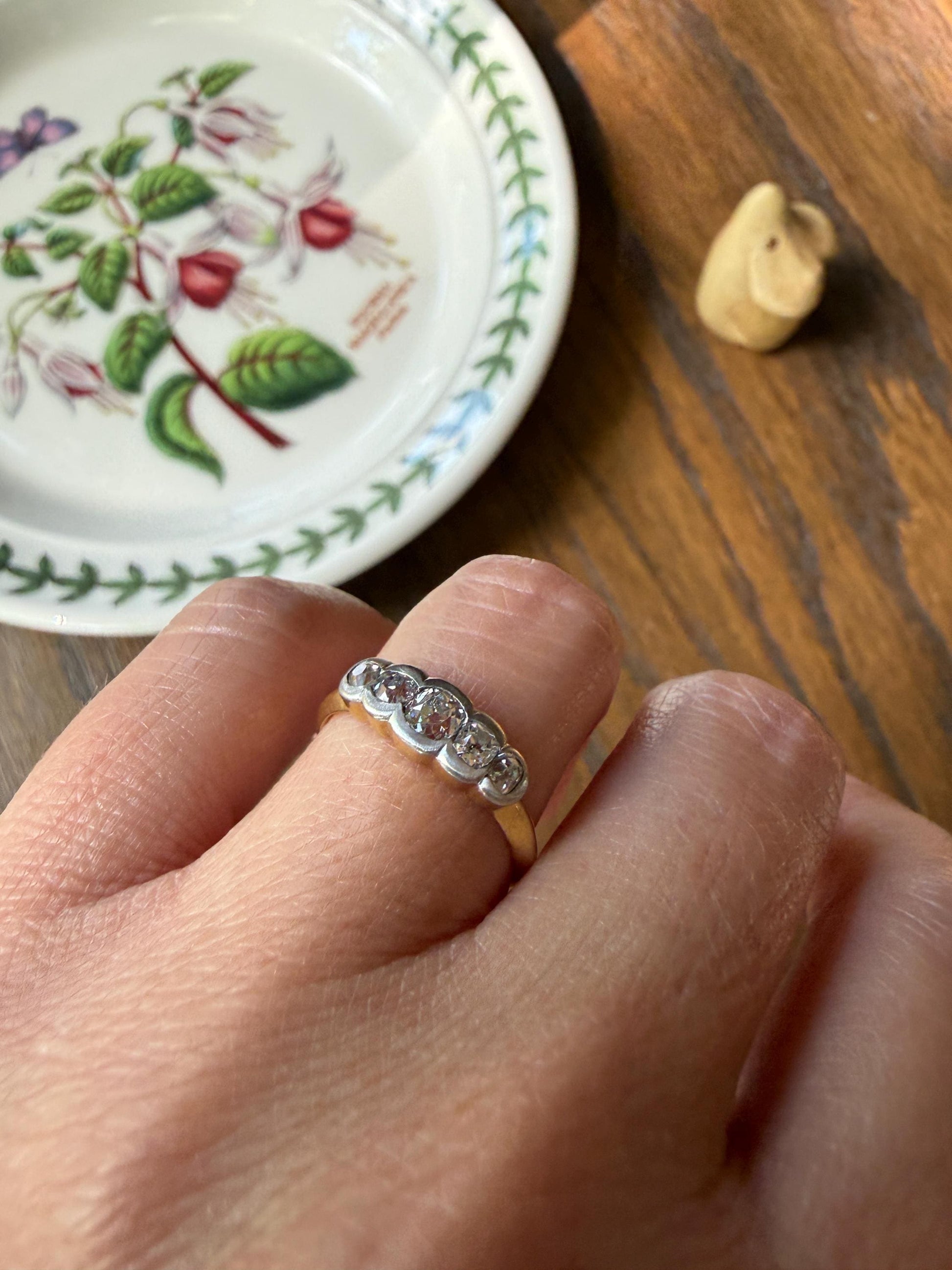 Antique Old Mine Cut DIAMOND Natural Five Stone Ring French 18k Gold Solid & Platinum Bezel Set Stacker Band Victorian Belle Epoque