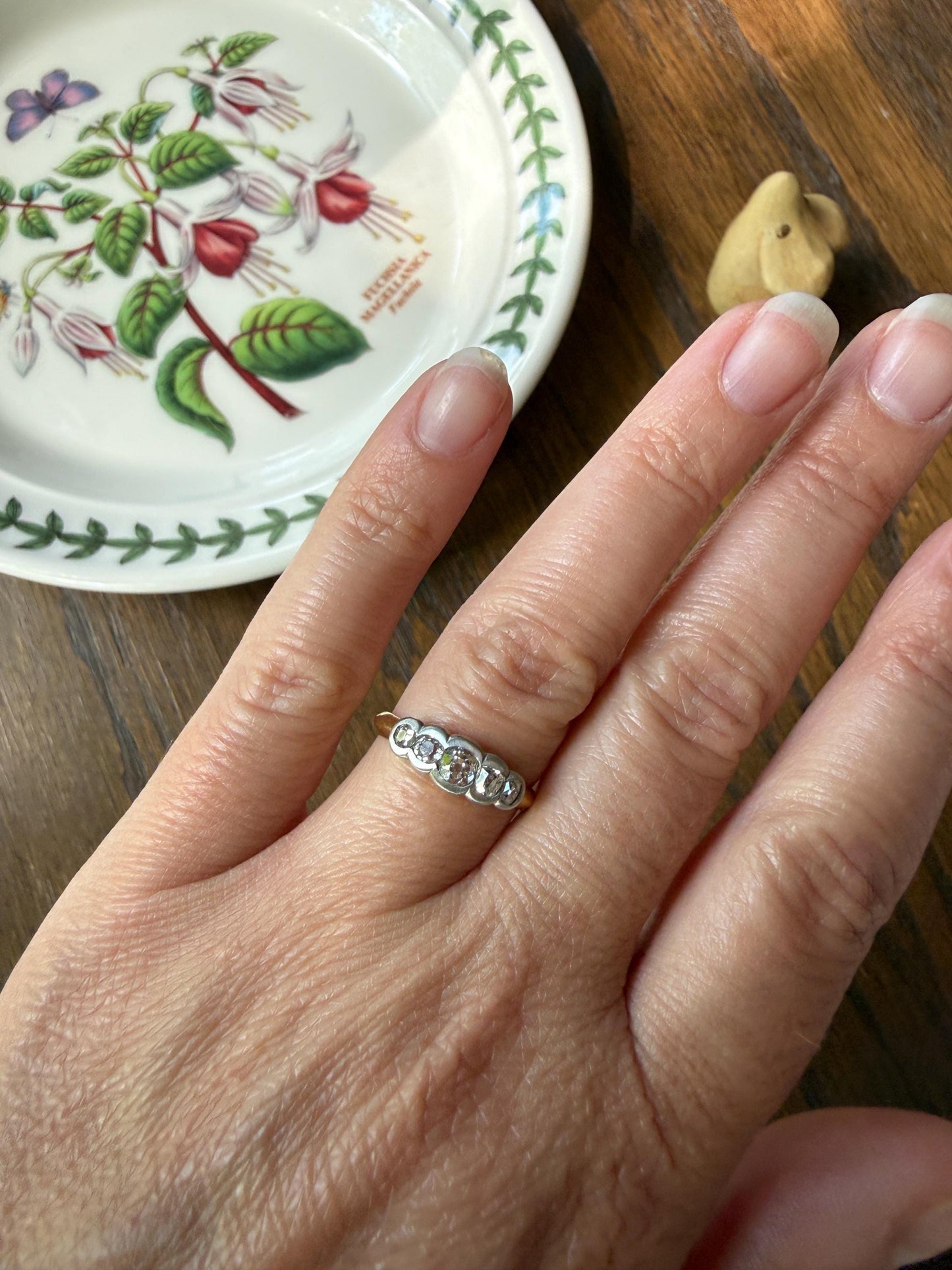 Antique Old Mine Cut DIAMOND Natural Five Stone Ring French 18k Gold Solid & Platinum Bezel Set Stacker Band Victorian Belle Epoque