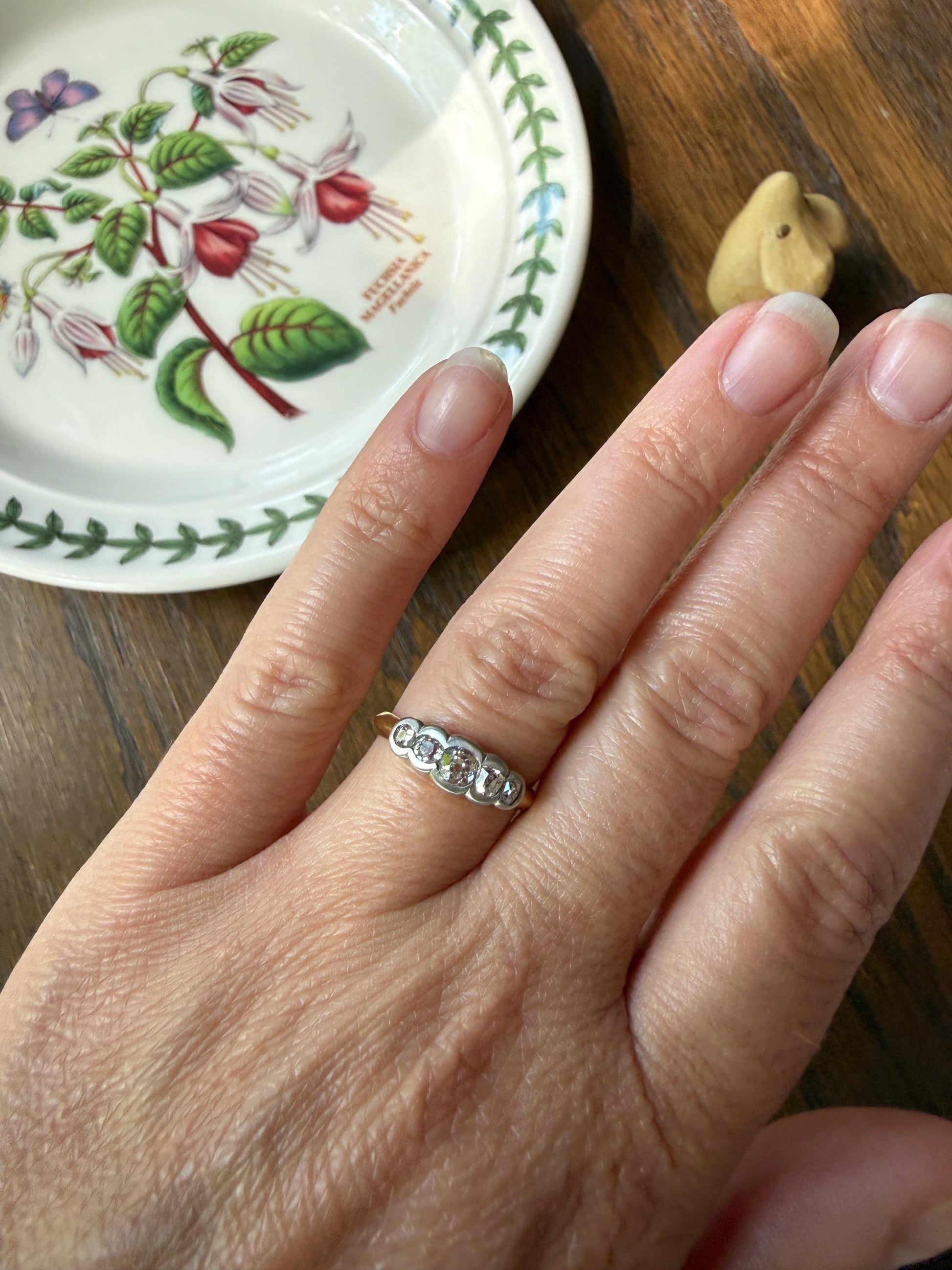 Antique Old Mine Cut DIAMOND Natural Five Stone Ring French 18k Gold Solid & Platinum Bezel Set Stacker Band Victorian Belle Epoque
