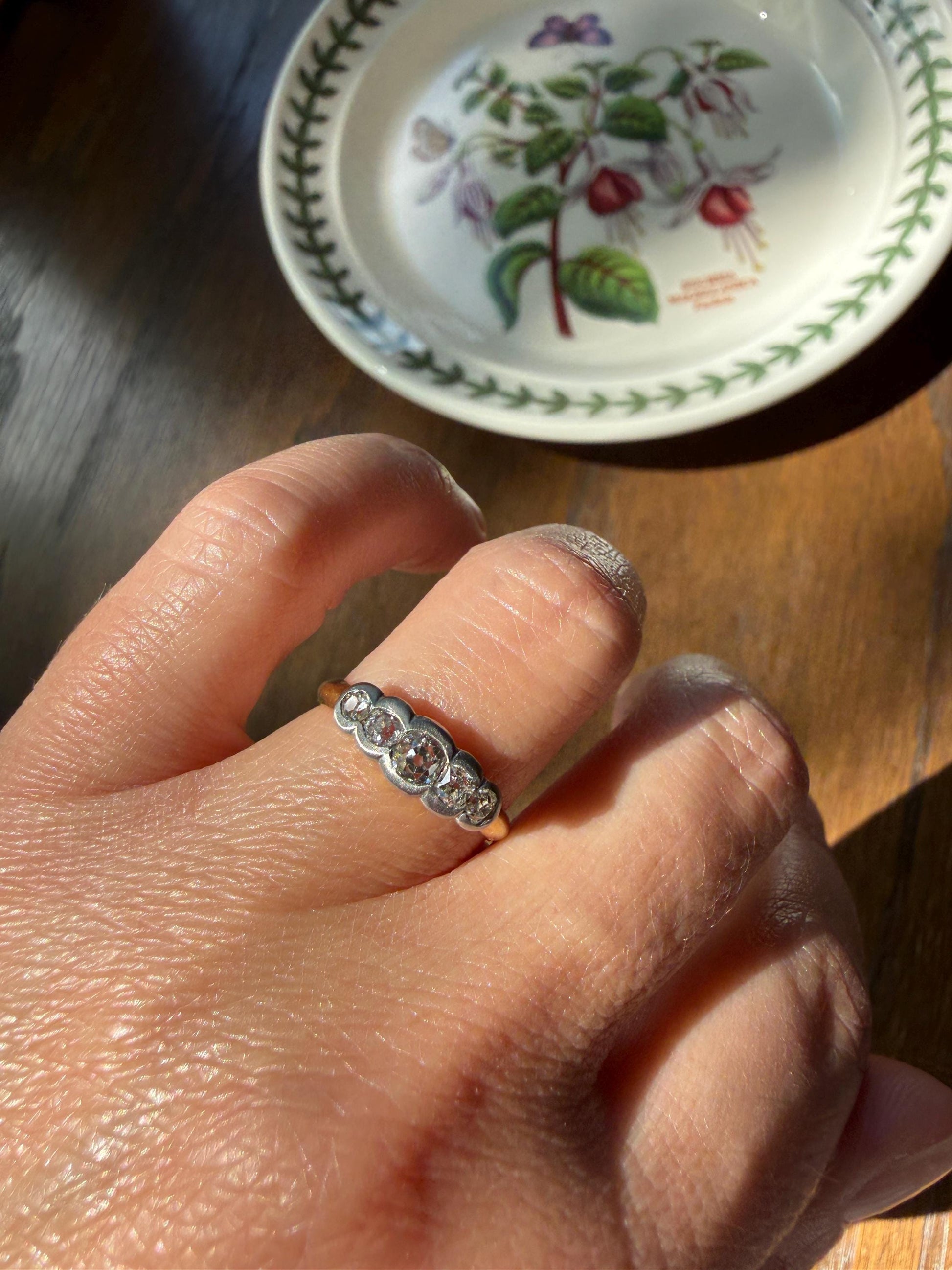 Antique Old Mine Cut DIAMOND Natural Five Stone Ring French 18k Gold Solid & Platinum Bezel Set Stacker Band Victorian Belle Epoque