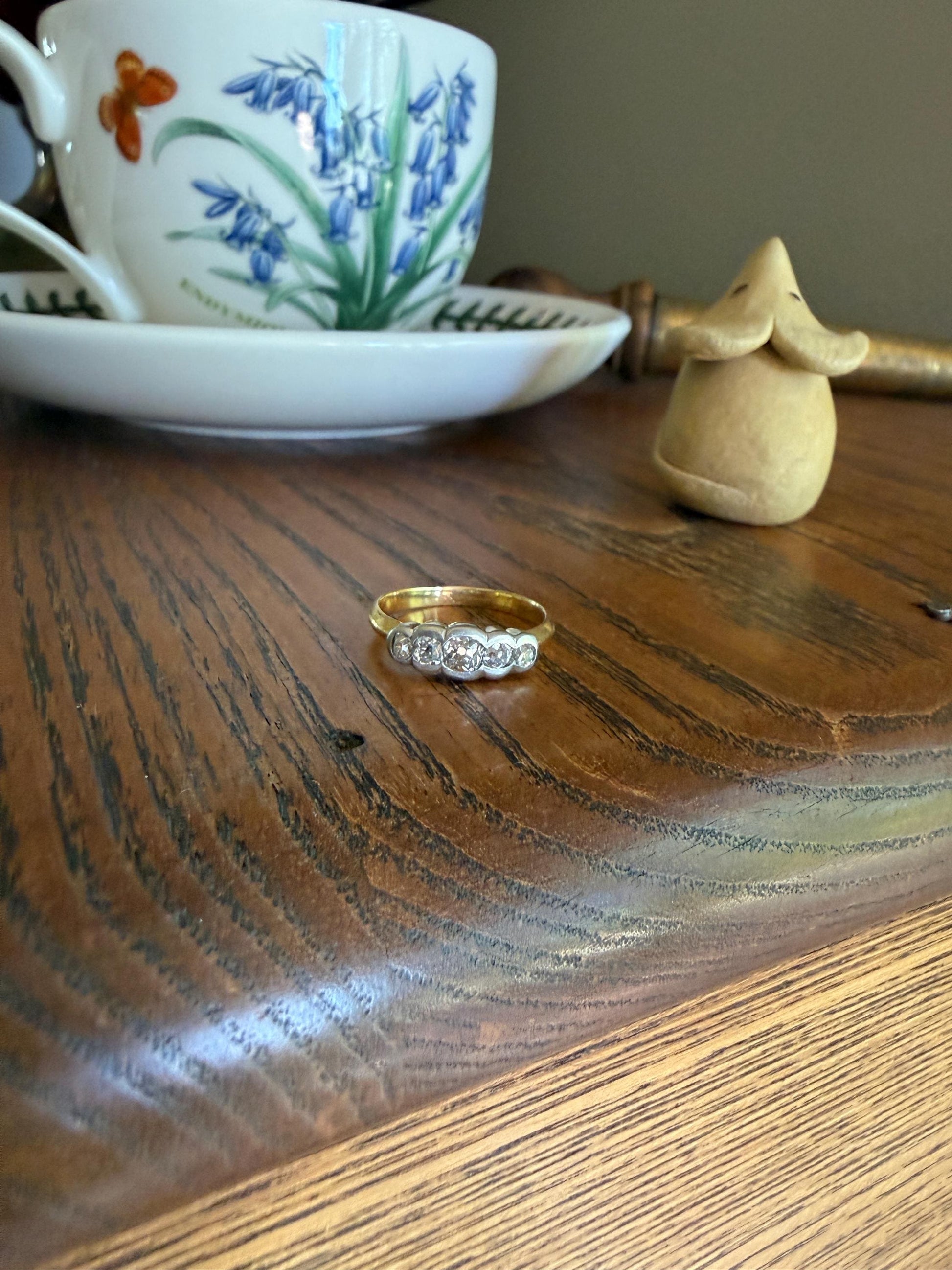 Antique Old Mine Cut DIAMOND Natural Five Stone Ring French 18k Gold Solid & Platinum Bezel Set Stacker Band Victorian Belle Epoque