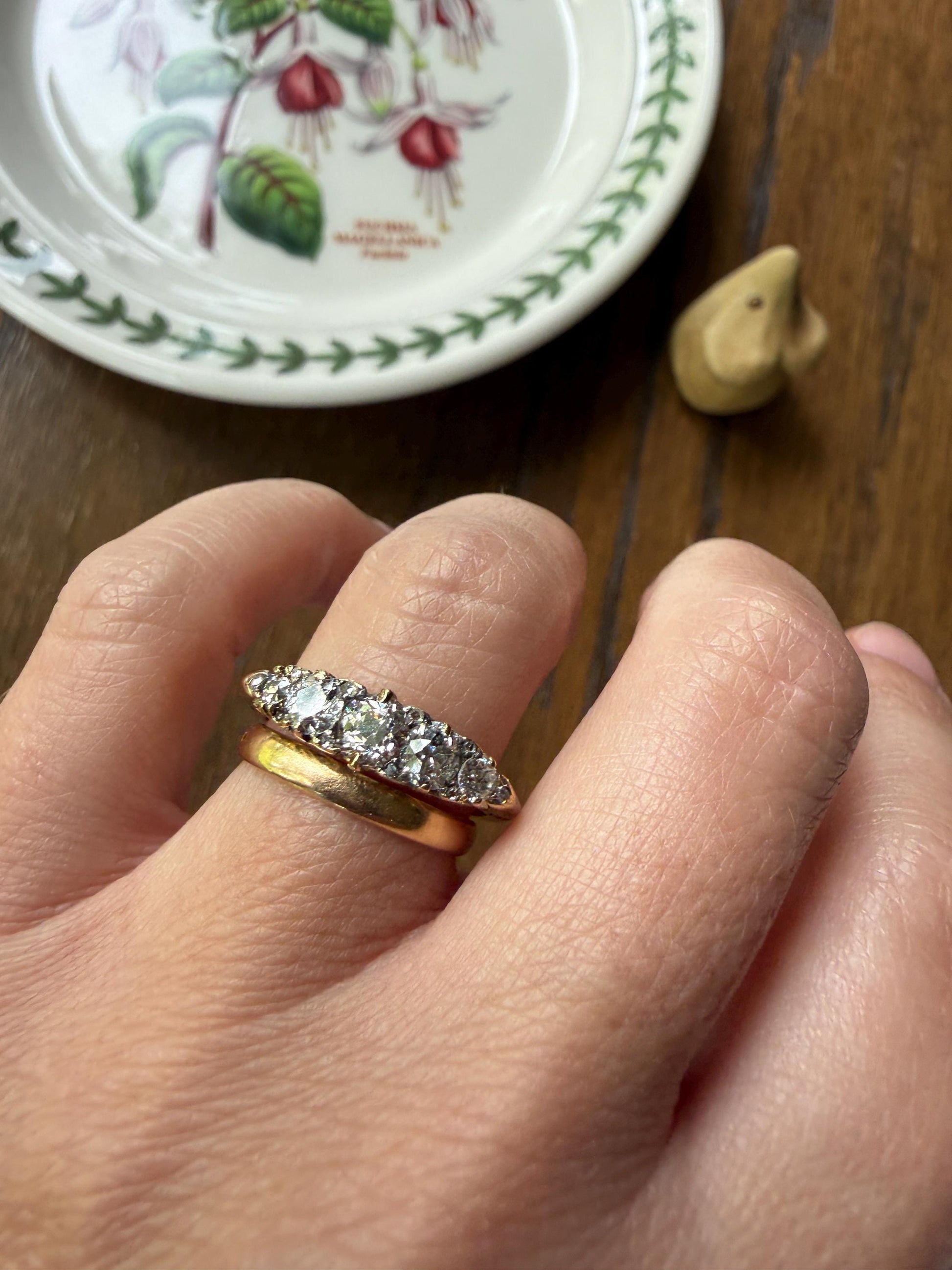 Victorian 1.2 Carat Antique Old Mine Cut Diamond Five Stone Ring 18k Gold Chunky Scrolled Ornate Band Diamond Rose Spacers Gemset Prongs