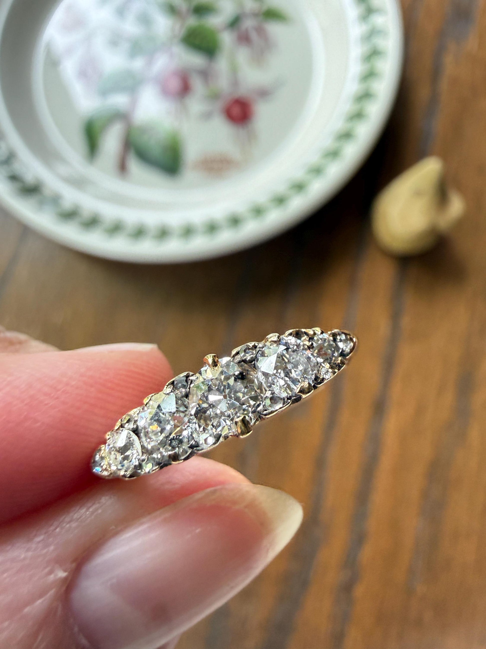 Victorian 1.2 Carat Antique Old Mine Cut Diamond Five Stone Ring 18k Gold Chunky Scrolled Ornate Band Diamond Rose Spacers Gemset Prongs