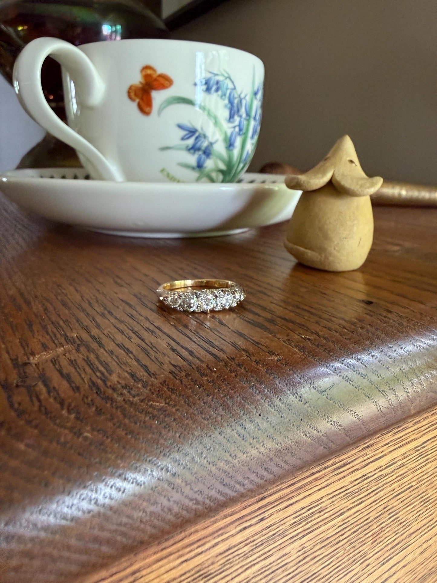 Victorian 1.2 Carat Antique Old Mine Cut Diamond Five Stone Ring 18k Gold Chunky Scrolled Ornate Band Diamond Rose Spacers Gemset Prongs