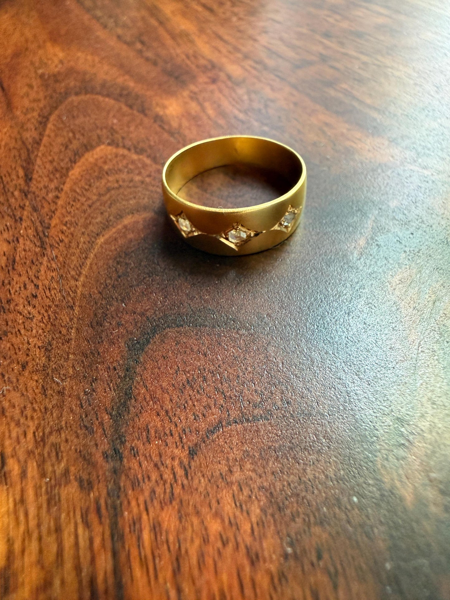 Antique Rose Cut DIAMOND Brushed Matte Finish 18k Gold Three Stone Ring Tapered Gypsy Cigar Band Geometric Stacker Pinky