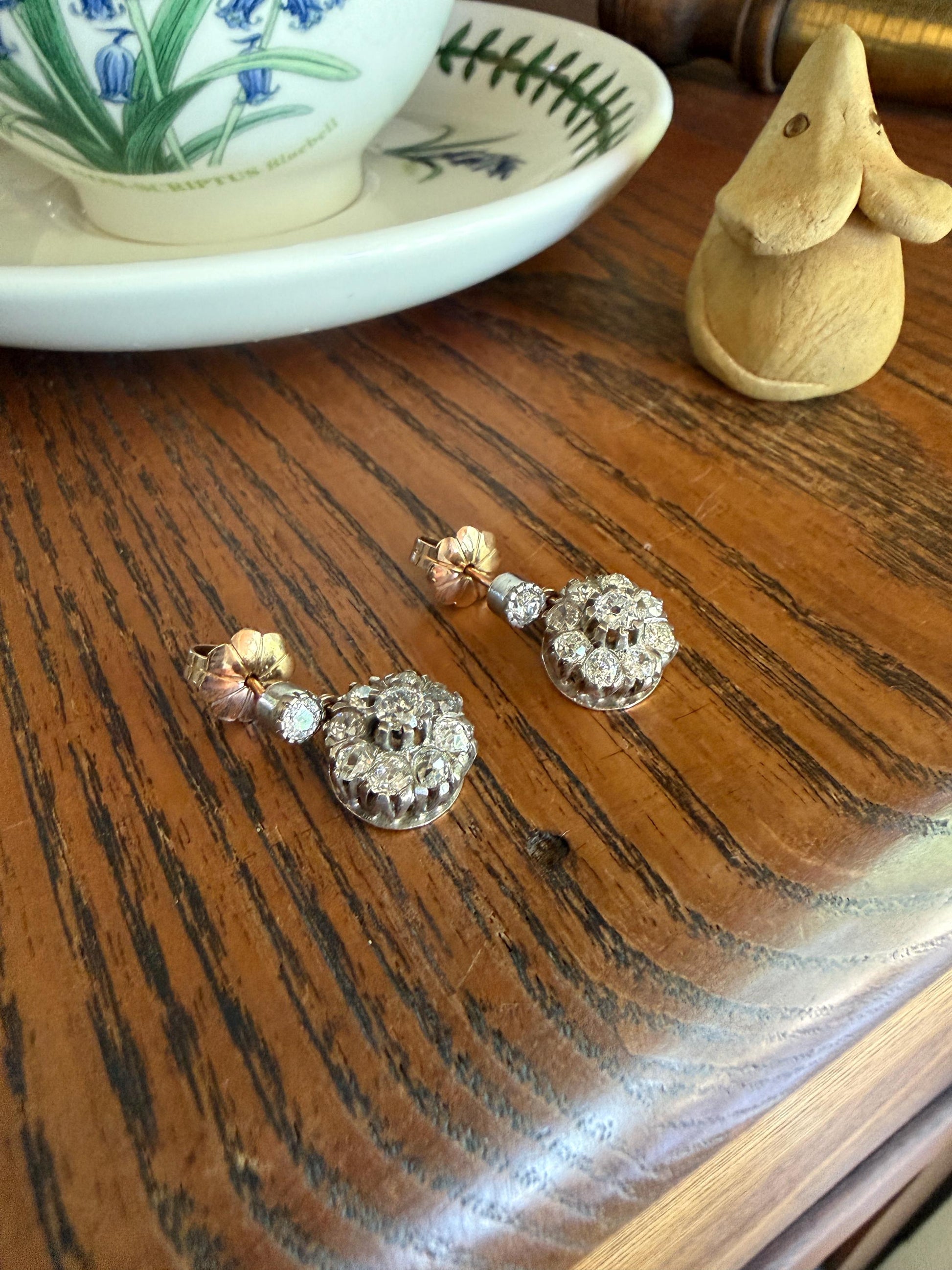 ANTIQUE 3 Carats Tdw Old Mine Brilliant Cut Diamond Daisy Cluster Dangle Earrings BOXED 10k Gold Silver 3Ctw