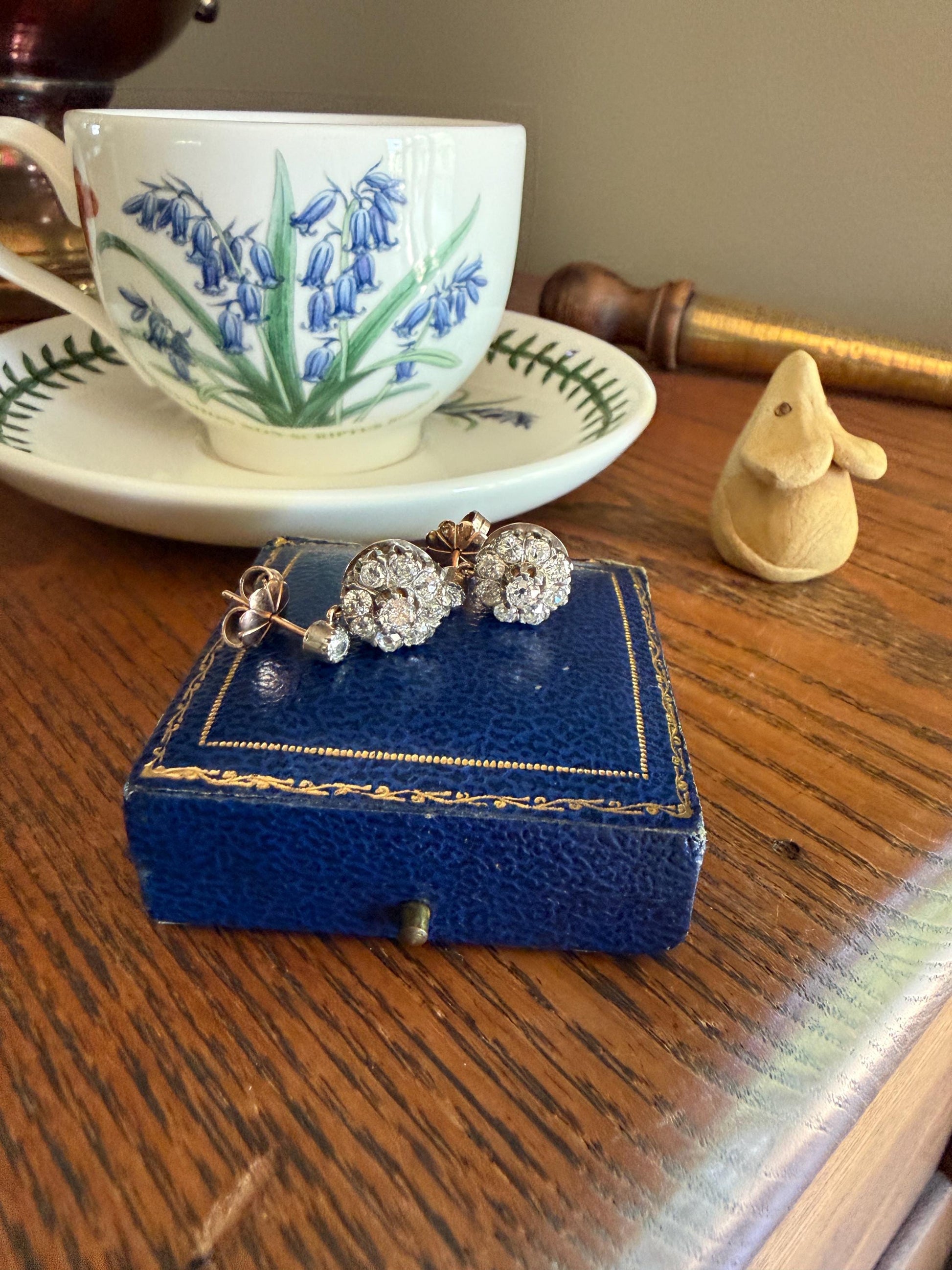 ANTIQUE 3 Carats Tdw Old Mine Brilliant Cut Diamond Daisy Cluster Dangle Earrings BOXED 10k Gold Silver 3Ctw