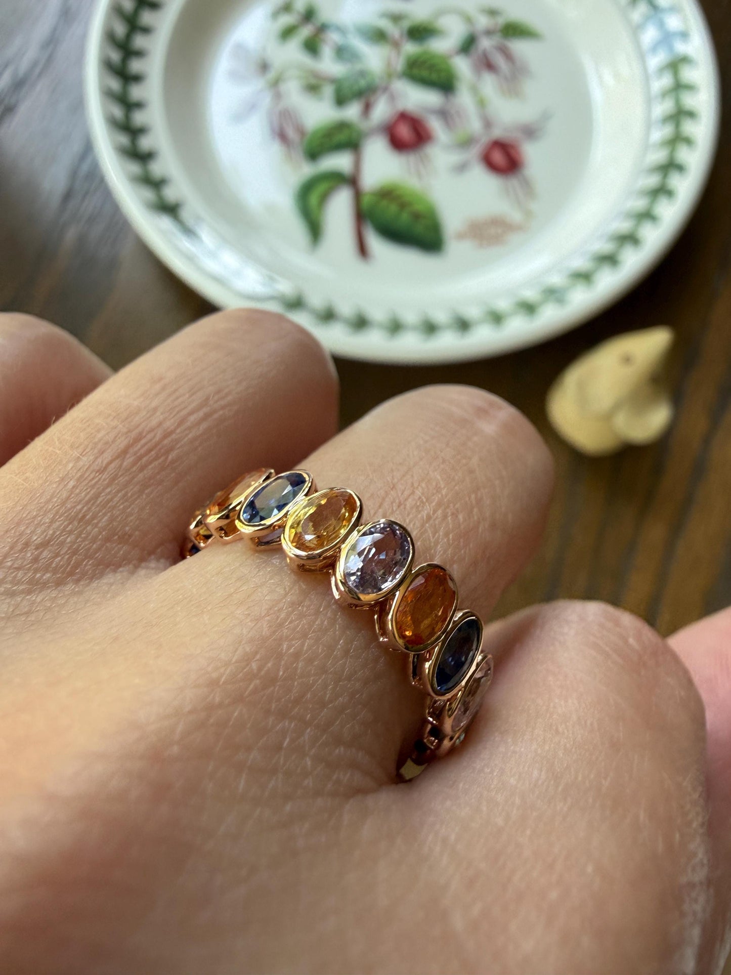 Natural Rainbow SAPPHIRES 3.5 Carats Oval Bezel Set Eternity Band 18k Rose Gold Ring Blue Yellow Green Pink