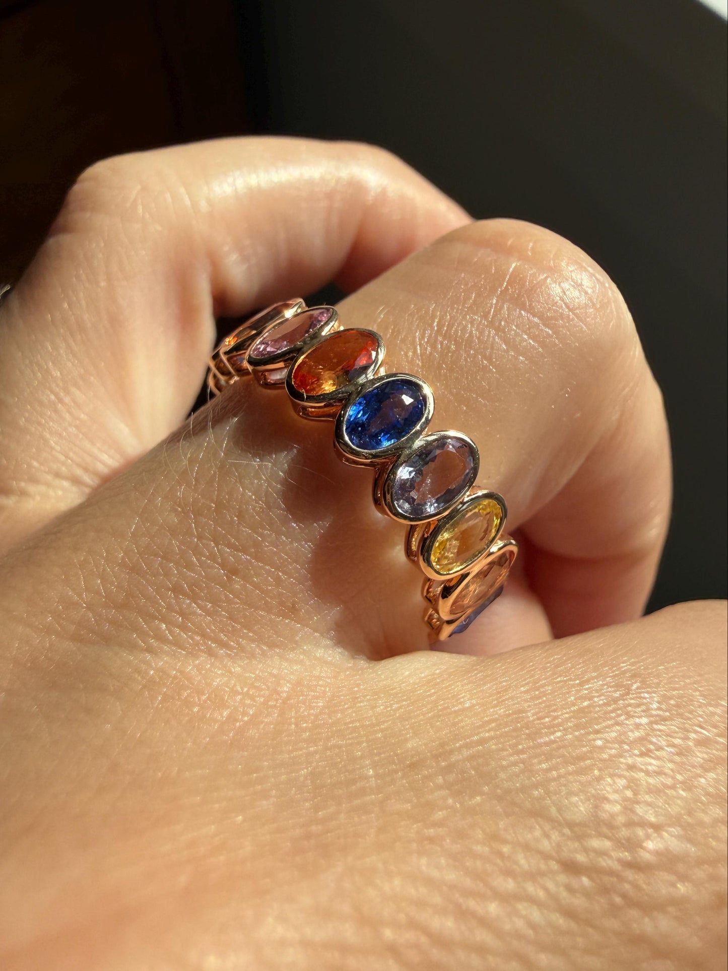 Natural Rainbow SAPPHIRES 3.5 Carats Oval Bezel Set Eternity Band 18k Rose Gold Ring Blue Yellow Green Pink