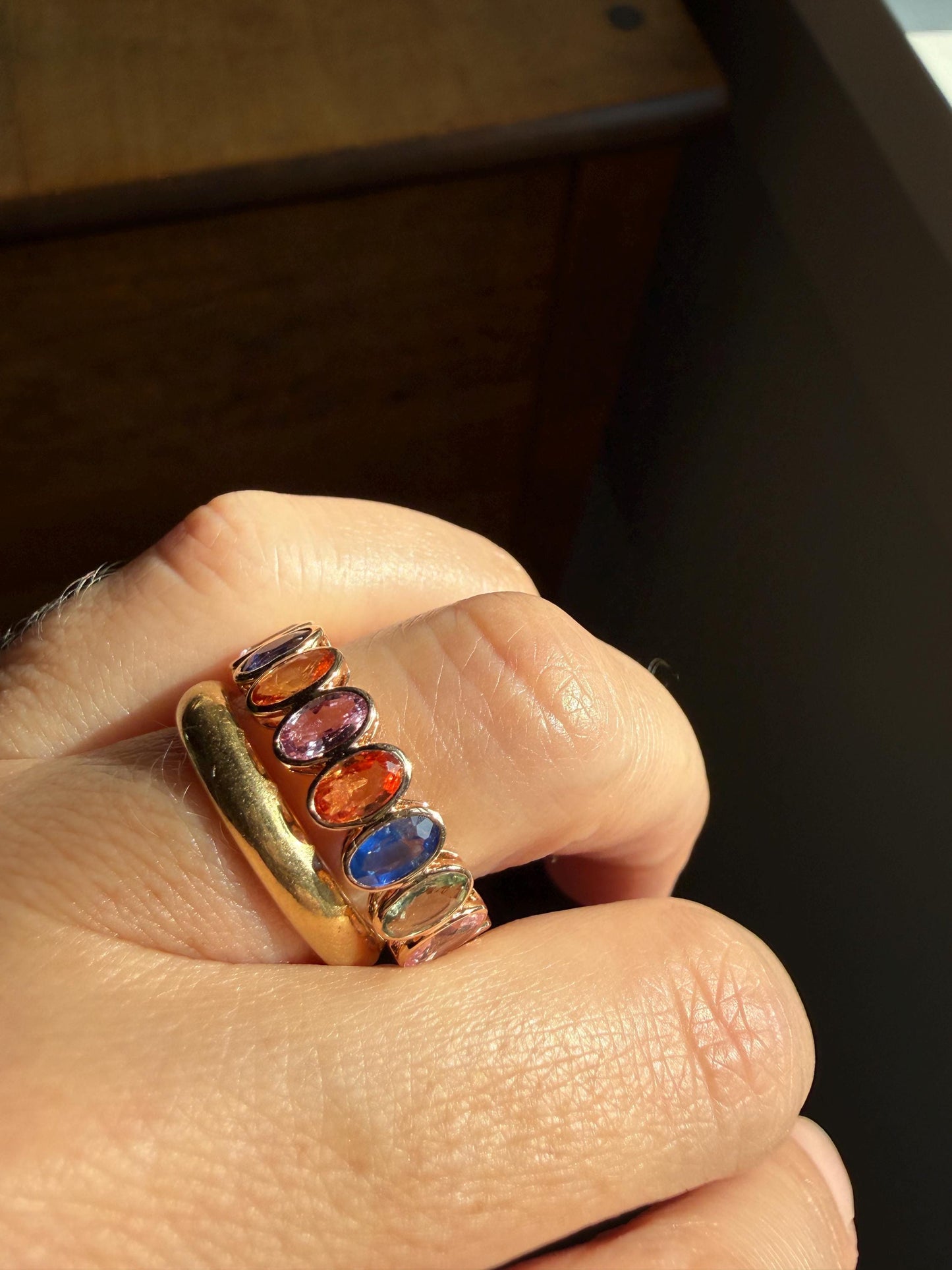 Natural Rainbow SAPPHIRES 3.5 Carats Oval Bezel Set Eternity Band 18k Rose Gold Ring Blue Yellow Green Pink