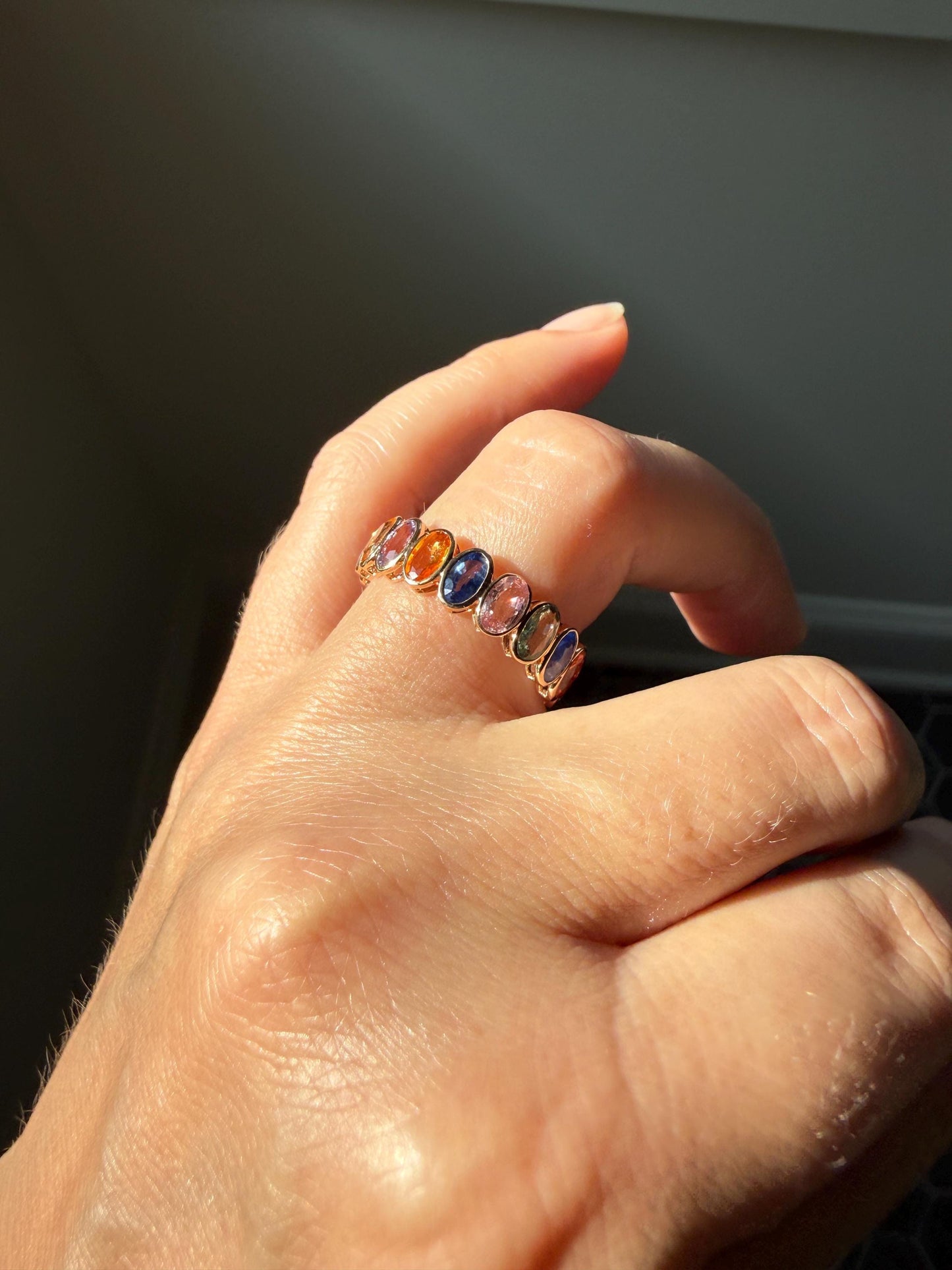 Natural Rainbow SAPPHIRES 3.5 Carats Oval Bezel Set Eternity Band 18k Rose Gold Ring Blue Yellow Green Pink