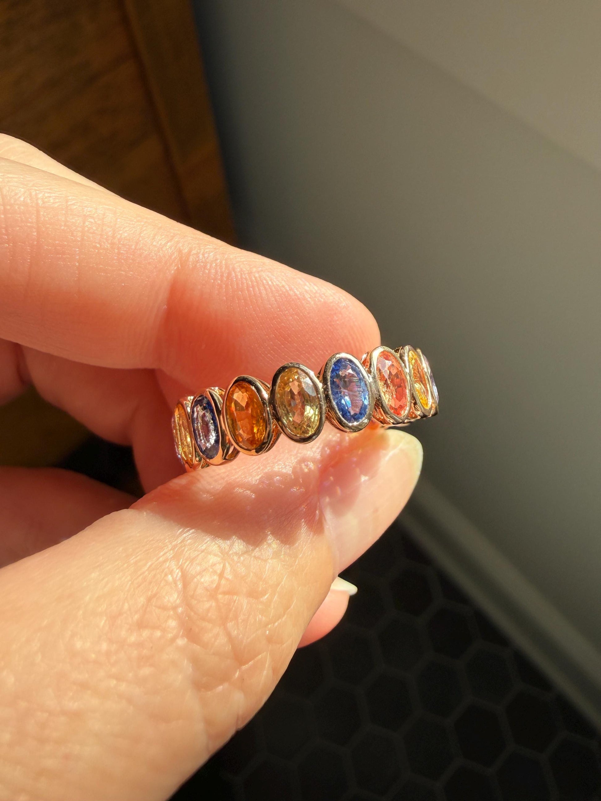 Natural Rainbow SAPPHIRES 3.5 Carats Oval Bezel Set Eternity Band 18k Rose Gold Ring Blue Yellow Green Pink
