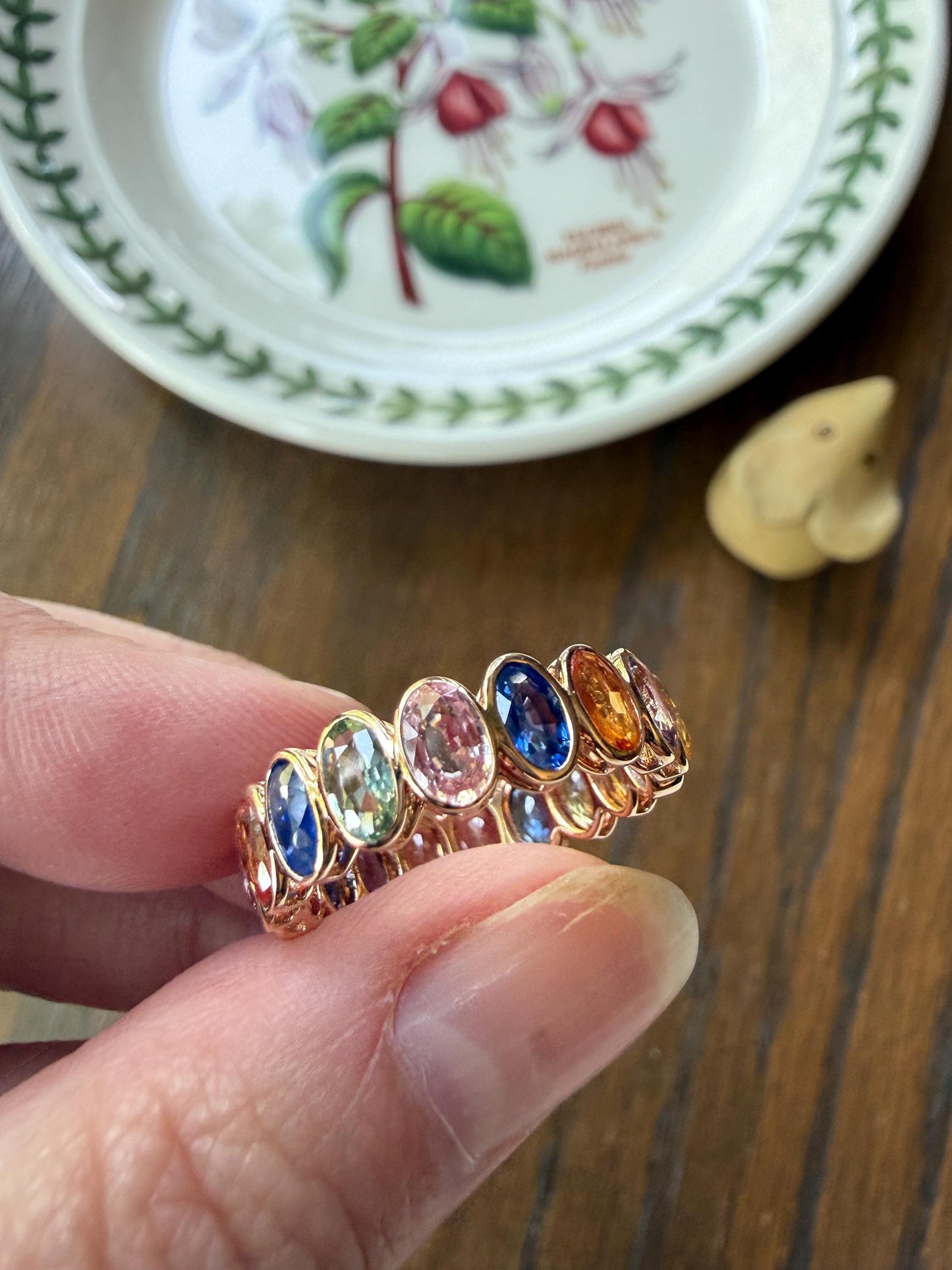 Natural Rainbow SAPPHIRES 3.5 Carats Oval Bezel Set Eternity Band 18k Rose Gold Ring Blue Yellow Green Pink