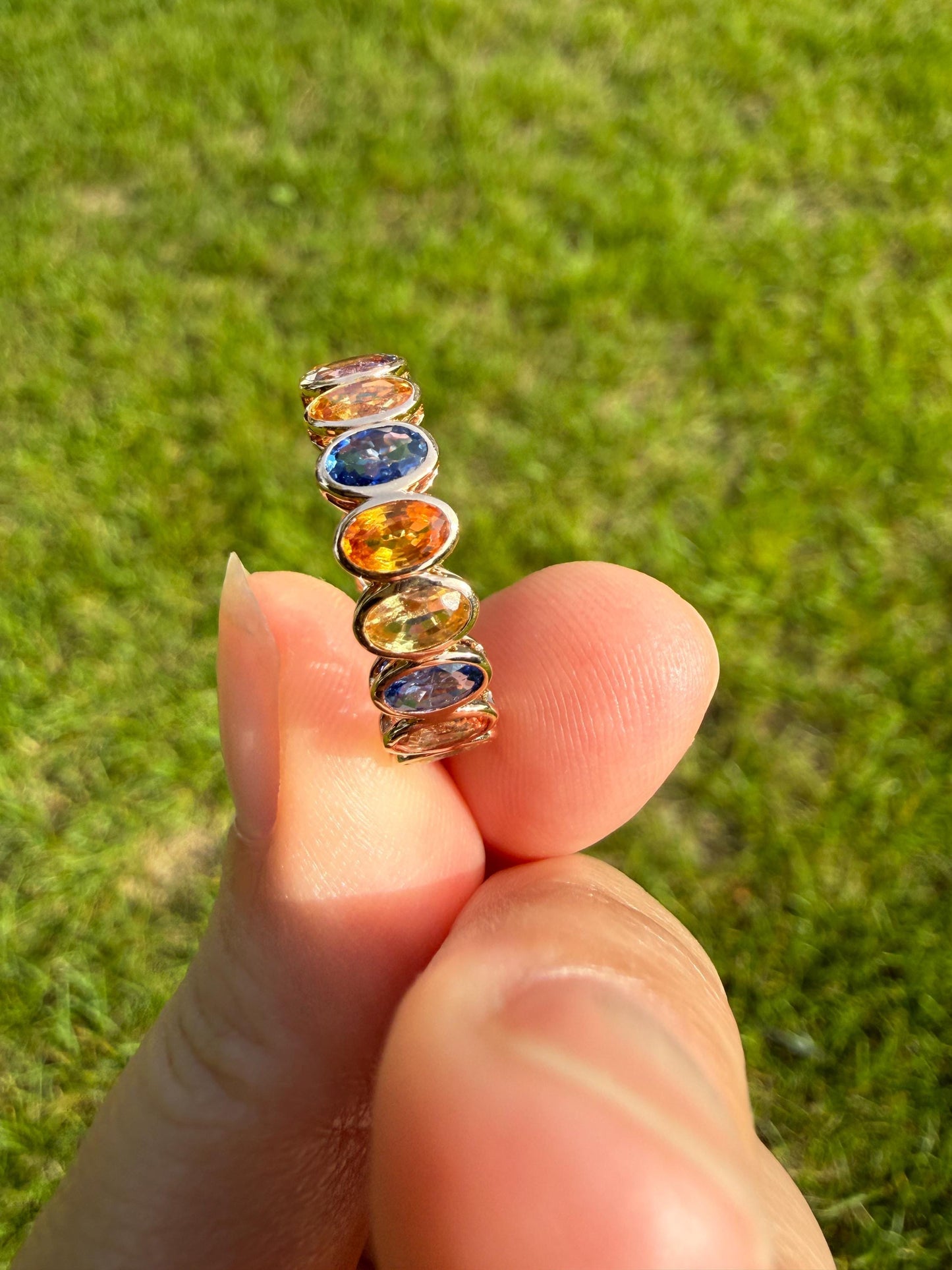 Natural Rainbow SAPPHIRES 3.5 Carats Oval Bezel Set Eternity Band 18k Rose Gold Ring Blue Yellow Green Pink