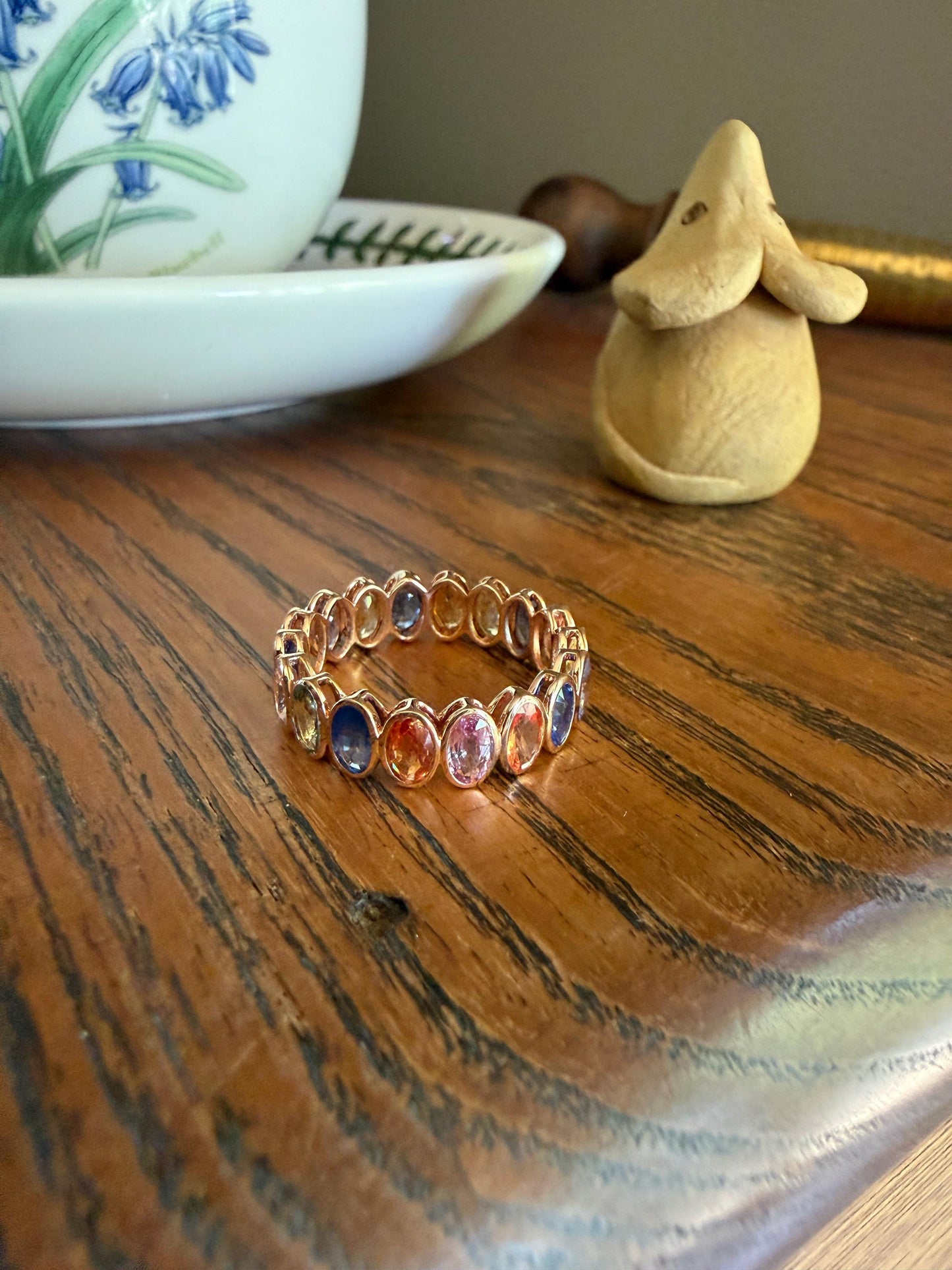 Natural Rainbow SAPPHIRES 3.5 Carats Oval Bezel Set Eternity Band 18k Rose Gold Ring Blue Yellow Green Pink