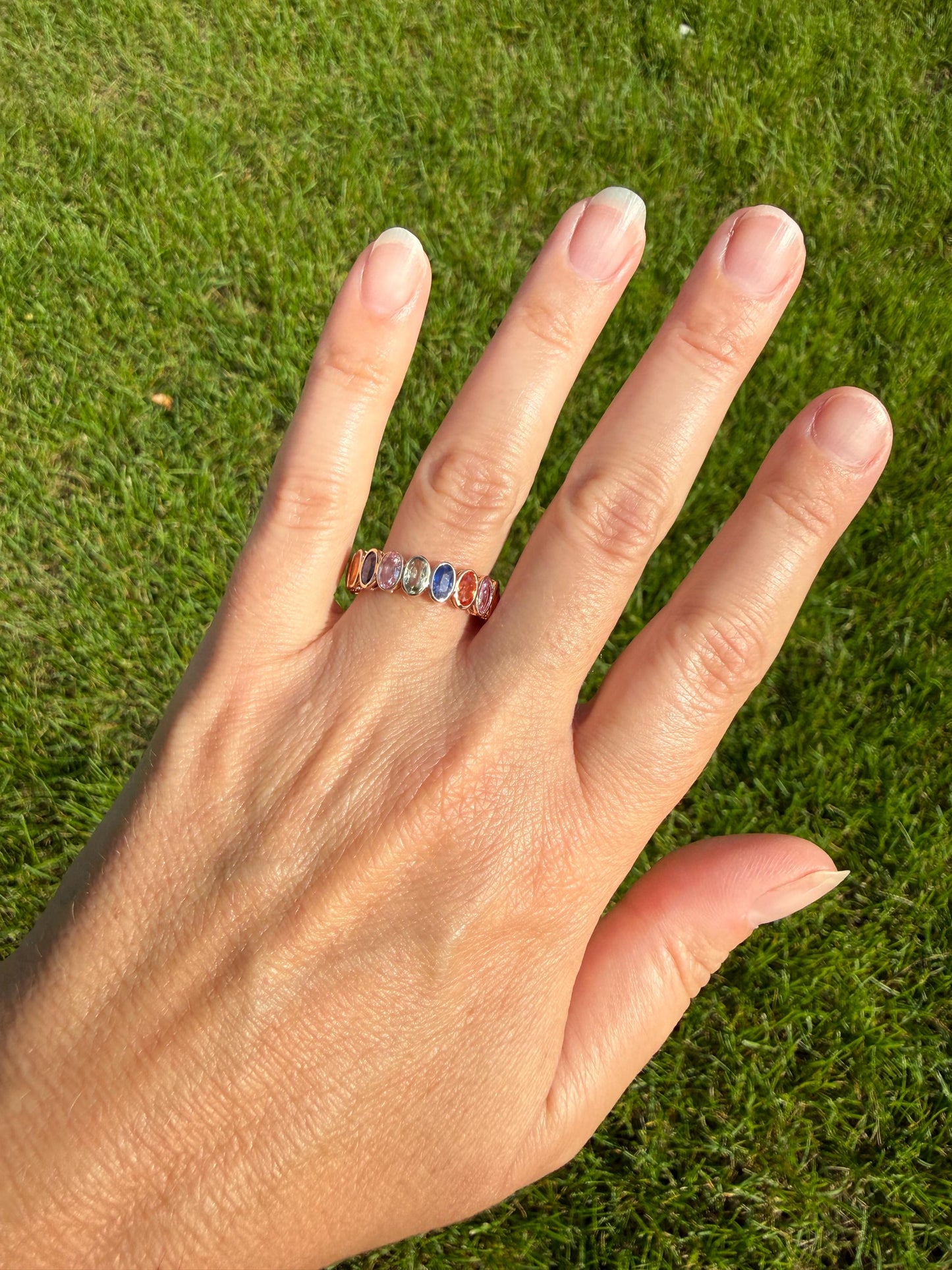Natural Rainbow SAPPHIRES 3.5 Carats Oval Bezel Set Eternity Band 18k Rose Gold Ring Blue Yellow Green Pink