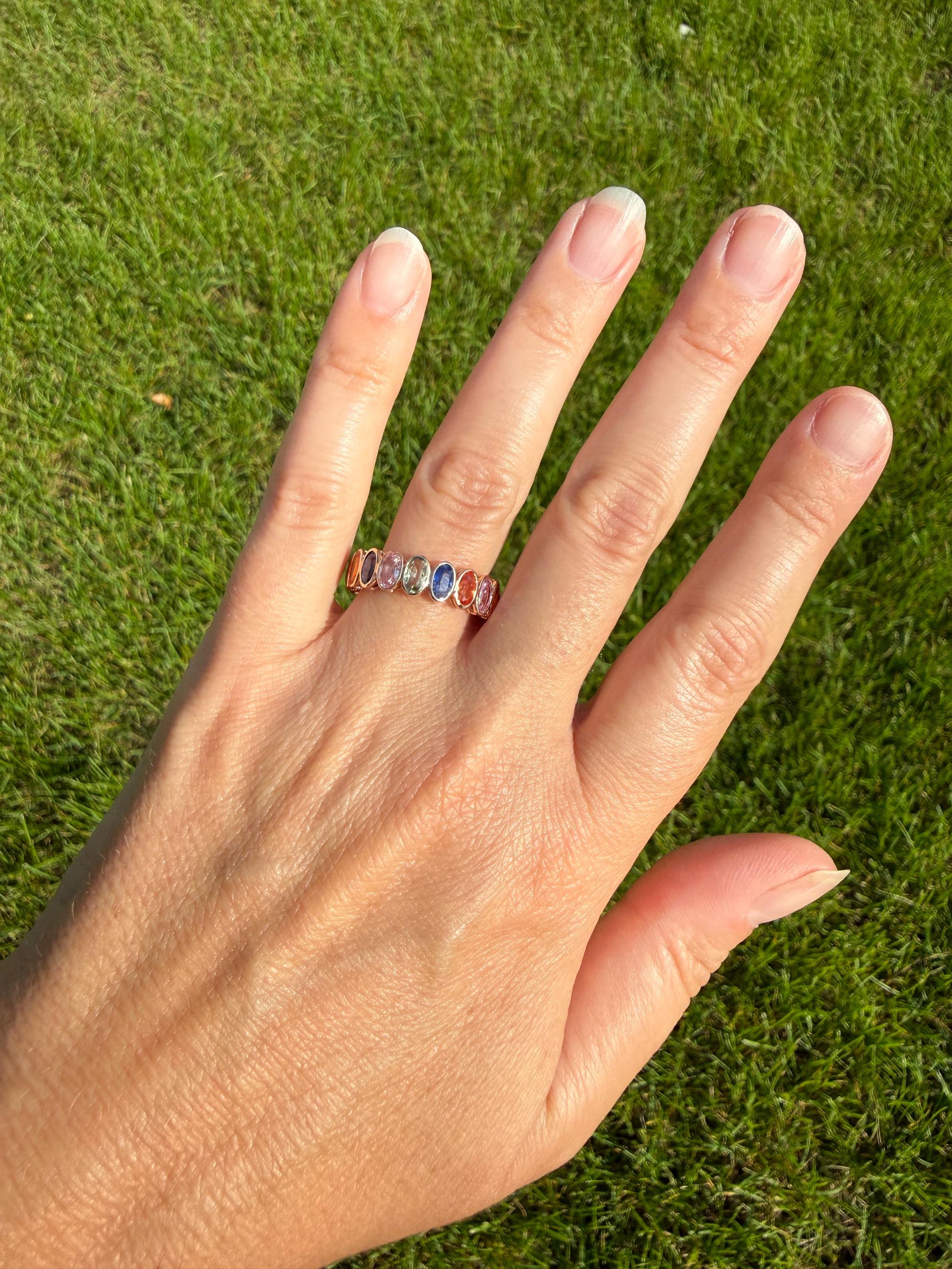 Natural Rainbow SAPPHIRES 3.5 Carats Oval Bezel Set Eternity Band 18k Rose Gold Ring Blue Yellow Green Pink