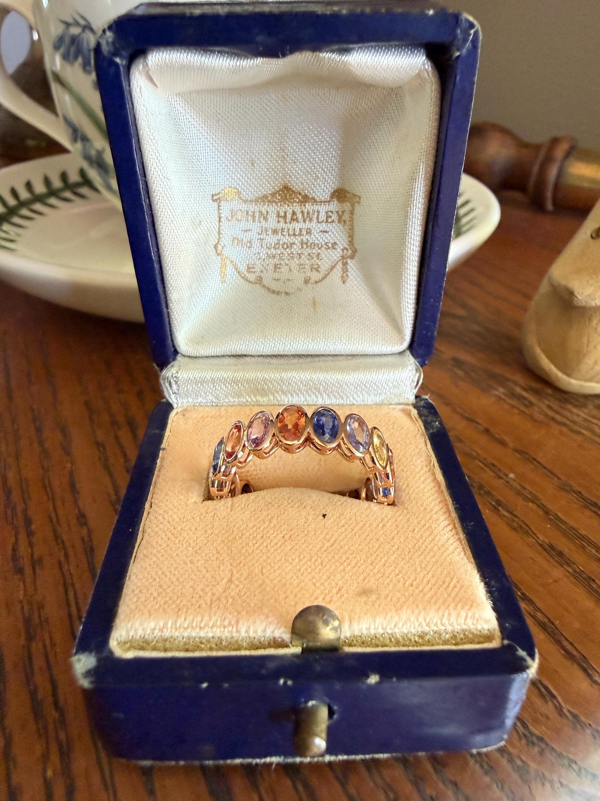 Natural Rainbow SAPPHIRES 3.5 Carats Oval Bezel Set Eternity Band 18k Rose Gold Ring Blue Yellow Green Pink