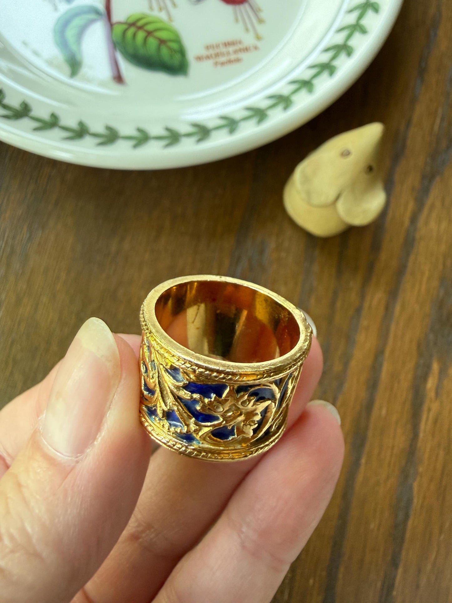 HEAVY Vintage BIRD Floral Leaf Cigar Band 14.5g 18k Gold Cobalt Blue Enamel Arabesque 13.5mm Wide Eternity Figural Stacker