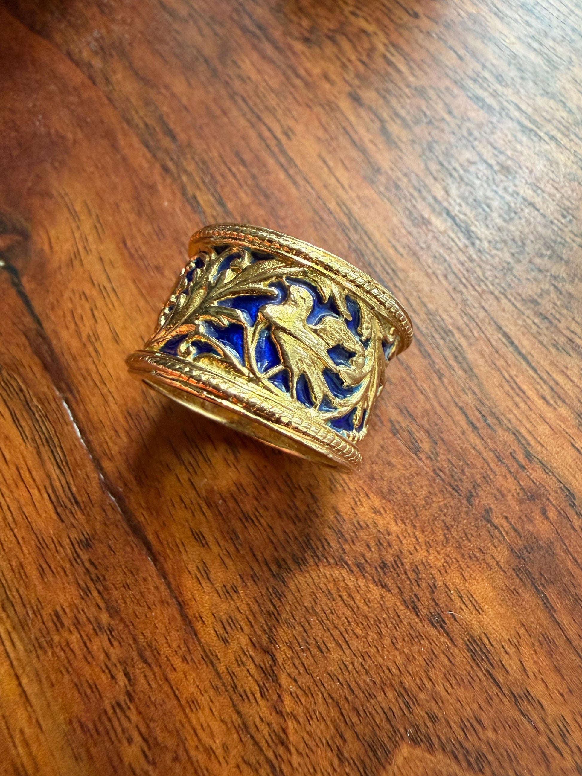 HEAVY Vintage BIRD Floral Leaf Cigar Band 14.5g 18k Gold Cobalt Blue Enamel Arabesque 13.5mm Wide Eternity Figural Stacker