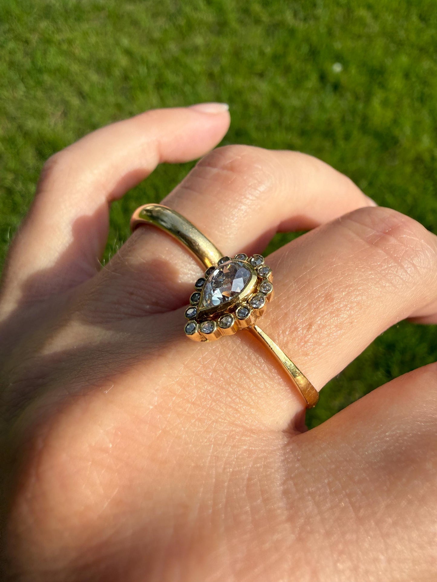 Vintage Halo Ring with Chunky .6 Carat Antique Old Mine Cut PEAR Diamond Eye Clean & Old Single Cuts Bezel Set Ring Teardrop Stacker