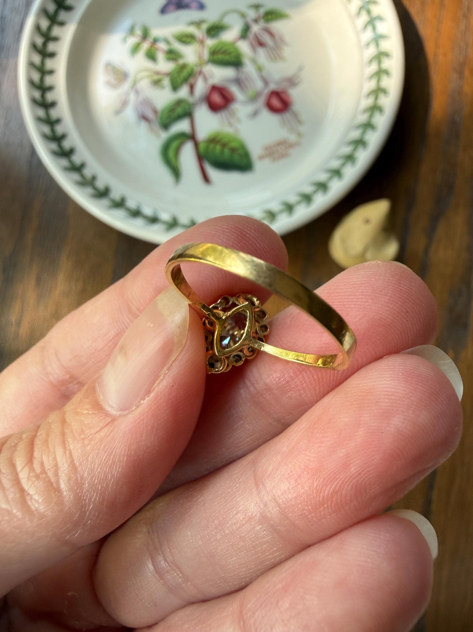 Vintage Halo Ring with Chunky .6 Carat Antique Old Mine Cut PEAR Diamond Eye Clean & Old Single Cuts Bezel Set Ring Teardrop Stacker