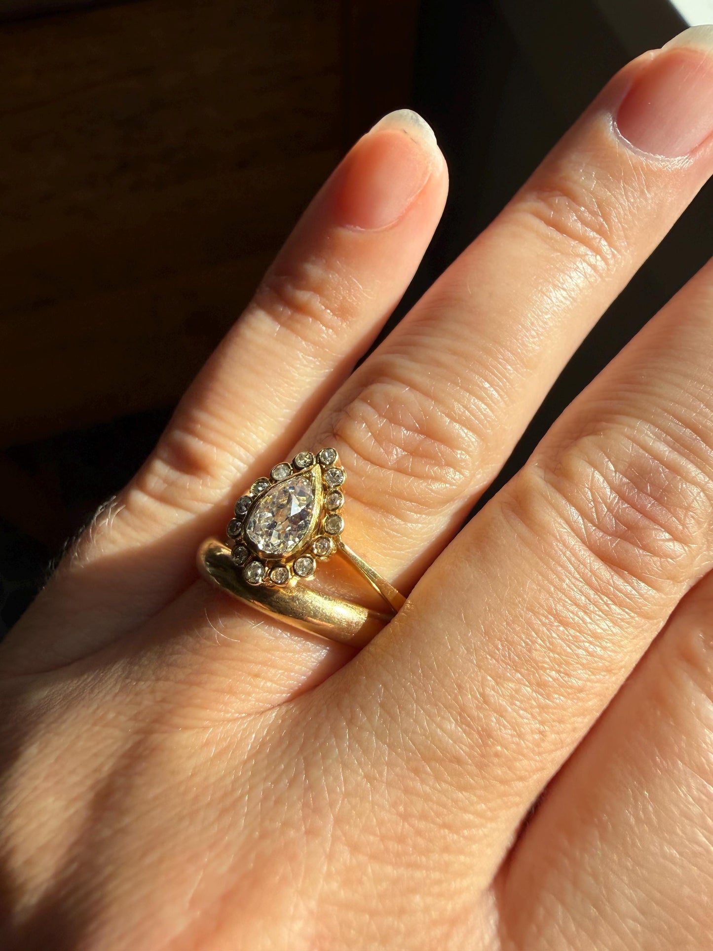 Vintage Halo Ring with Chunky .6 Carat Antique Old Mine Cut PEAR Diamond Eye Clean & Old Single Cuts Bezel Set Ring Teardrop Stacker