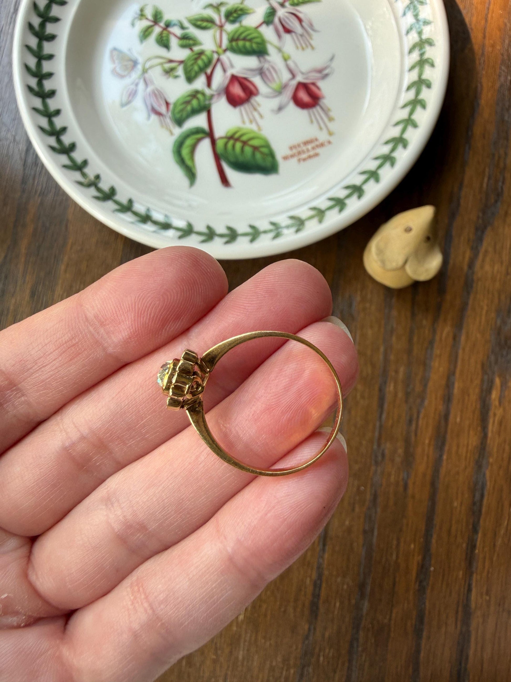 Vintage Halo Ring with Chunky .6 Carat Antique Old Mine Cut PEAR Diamond Eye Clean & Old Single Cuts Bezel Set Ring Teardrop Stacker