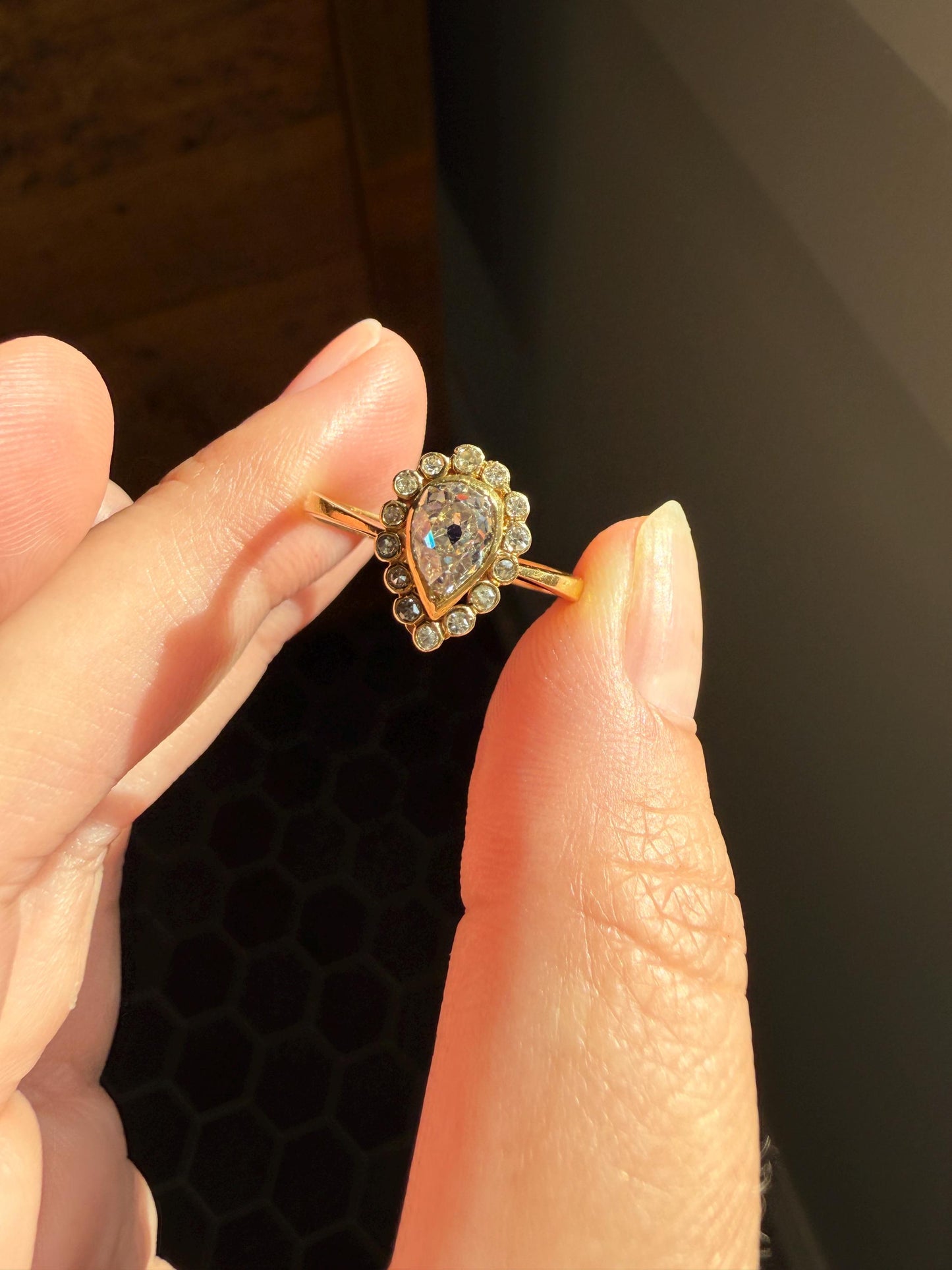 Vintage Halo Ring with Chunky .6 Carat Antique Old Mine Cut PEAR Diamond Eye Clean & Old Single Cuts Bezel Set Ring Teardrop Stacker