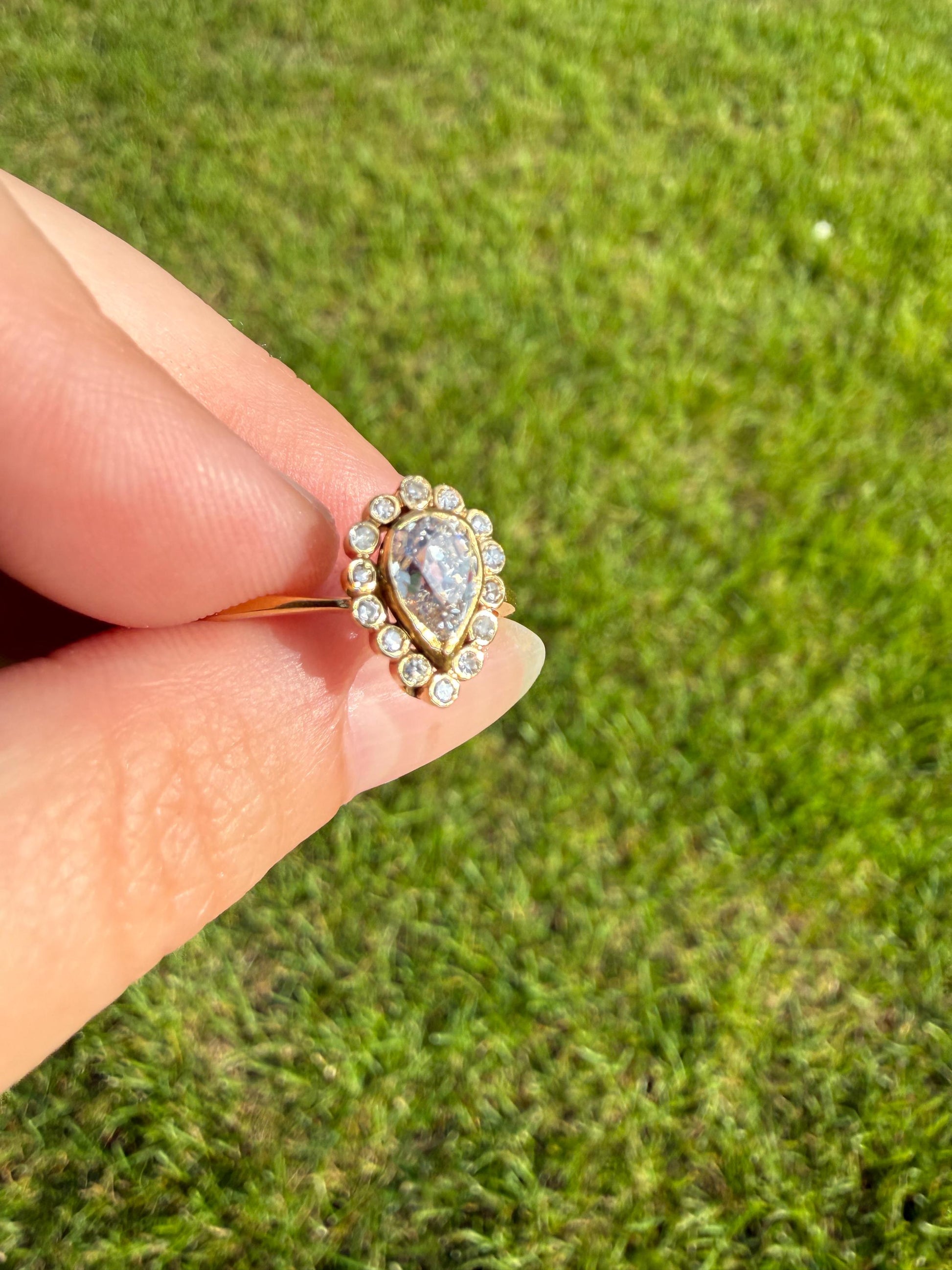 Vintage Halo Ring with Chunky .6 Carat Antique Old Mine Cut PEAR Diamond Eye Clean & Old Single Cuts Bezel Set Ring Teardrop Stacker