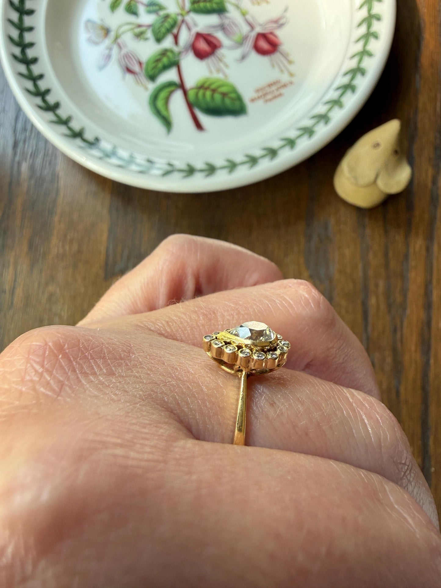 Vintage Halo Ring with Chunky .6 Carat Antique Old Mine Cut PEAR Diamond Eye Clean & Old Single Cuts Bezel Set Ring Teardrop Stacker