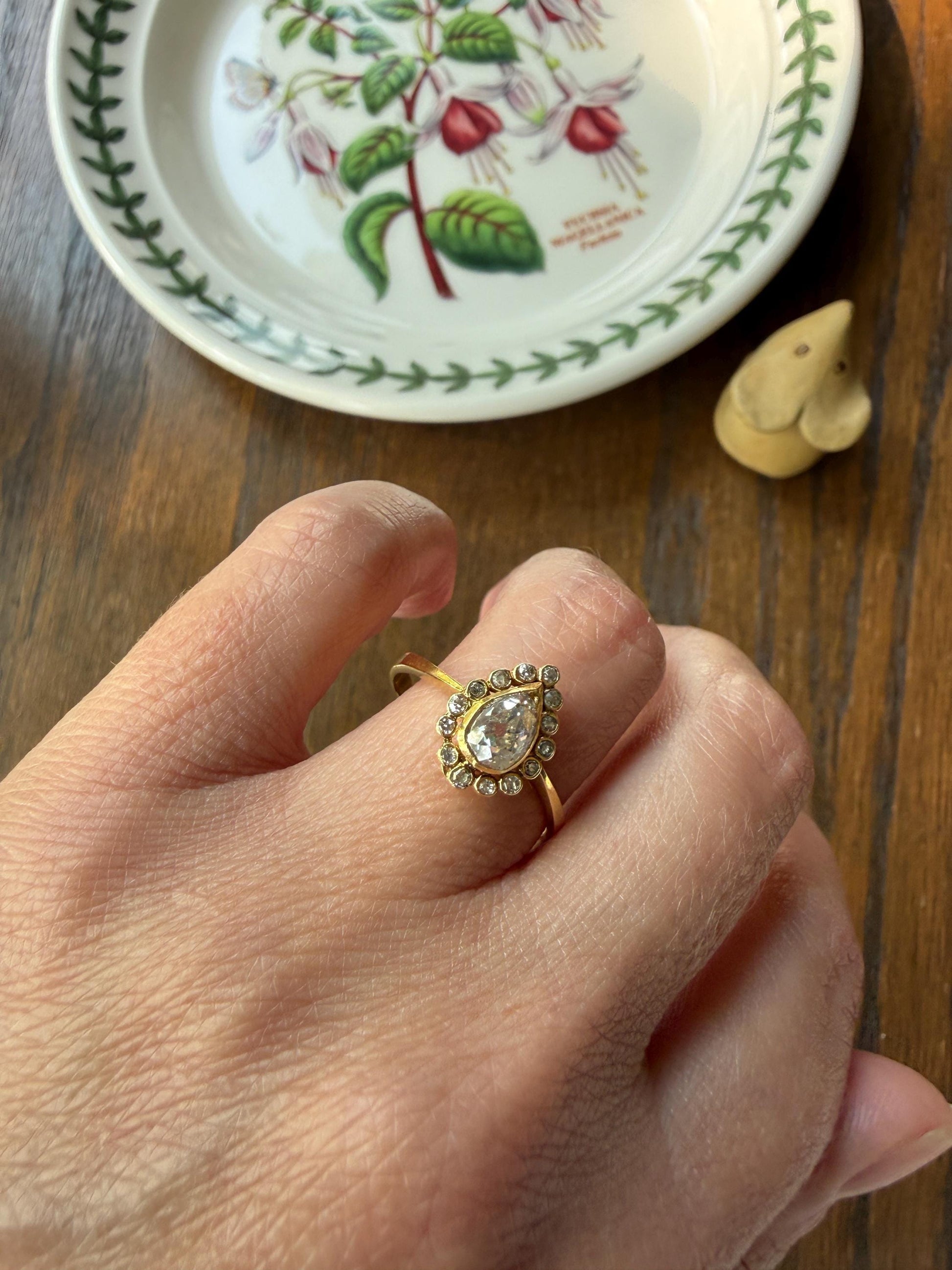 Vintage Halo Ring with Chunky .6 Carat Antique Old Mine Cut PEAR Diamond Eye Clean & Old Single Cuts Bezel Set Ring Teardrop Stacker