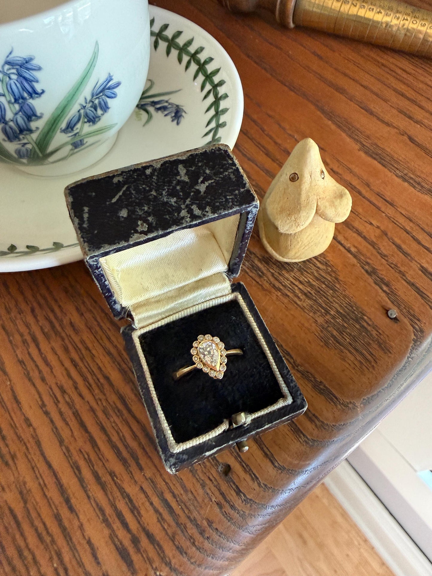 Vintage Halo Ring with Chunky .6 Carat Antique Old Mine Cut PEAR Diamond Eye Clean & Old Single Cuts Bezel Set Ring Teardrop Stacker