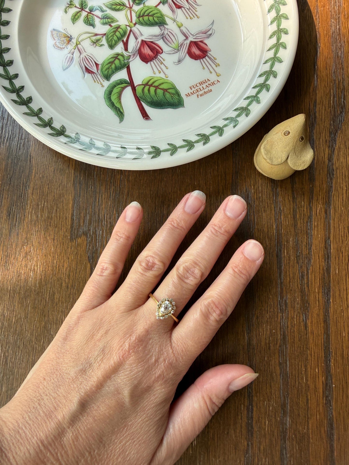 Vintage Halo Ring with Chunky .6 Carat Antique Old Mine Cut PEAR Diamond Eye Clean & Old Single Cuts Bezel Set Ring Teardrop Stacker