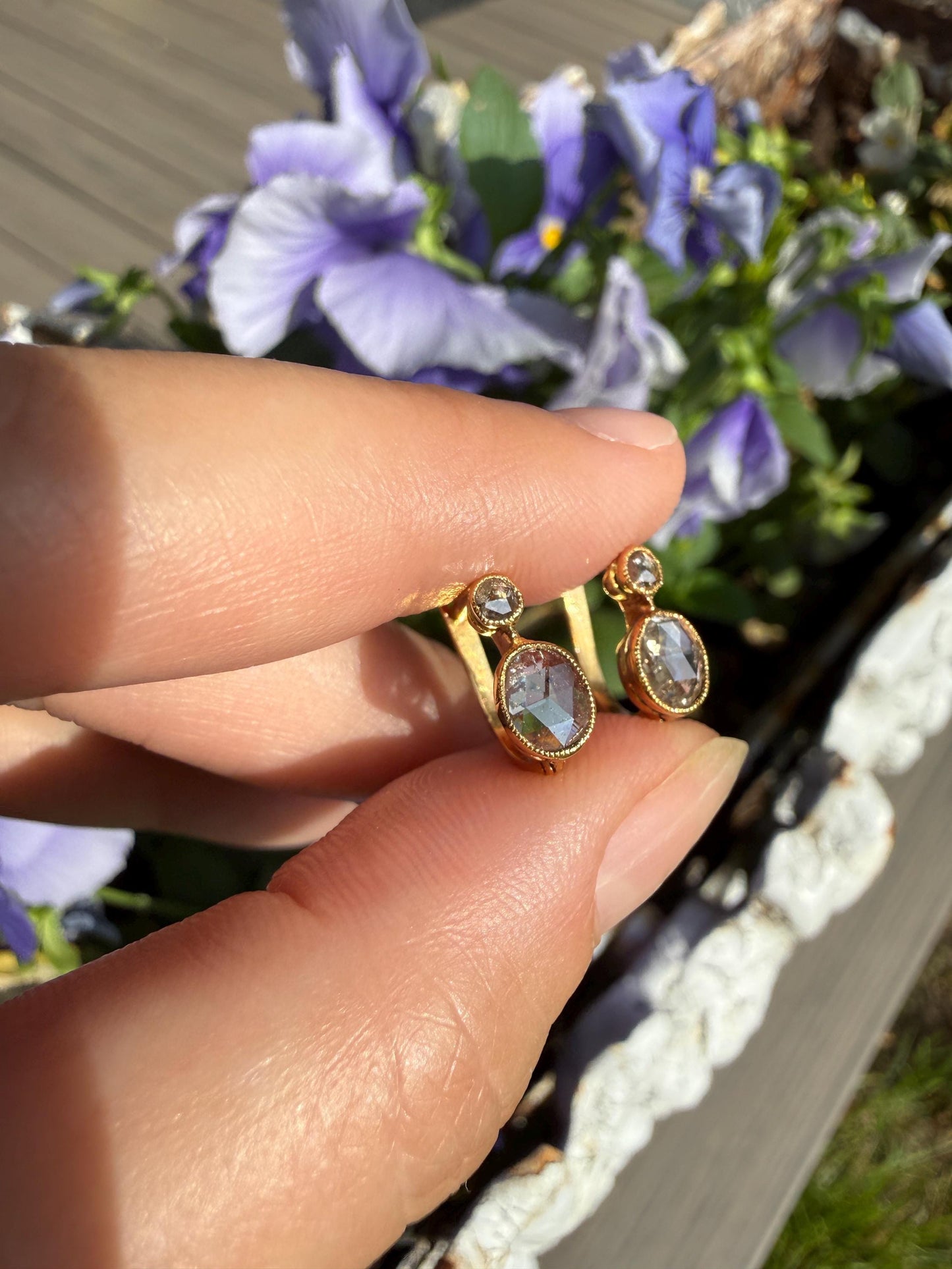 ANTIQUE Rose Cut Diamond OVAL Dormeuse Earrings 18k Gold Fixed Bezel Set Four Stones Dainty Minimalist Sparkle