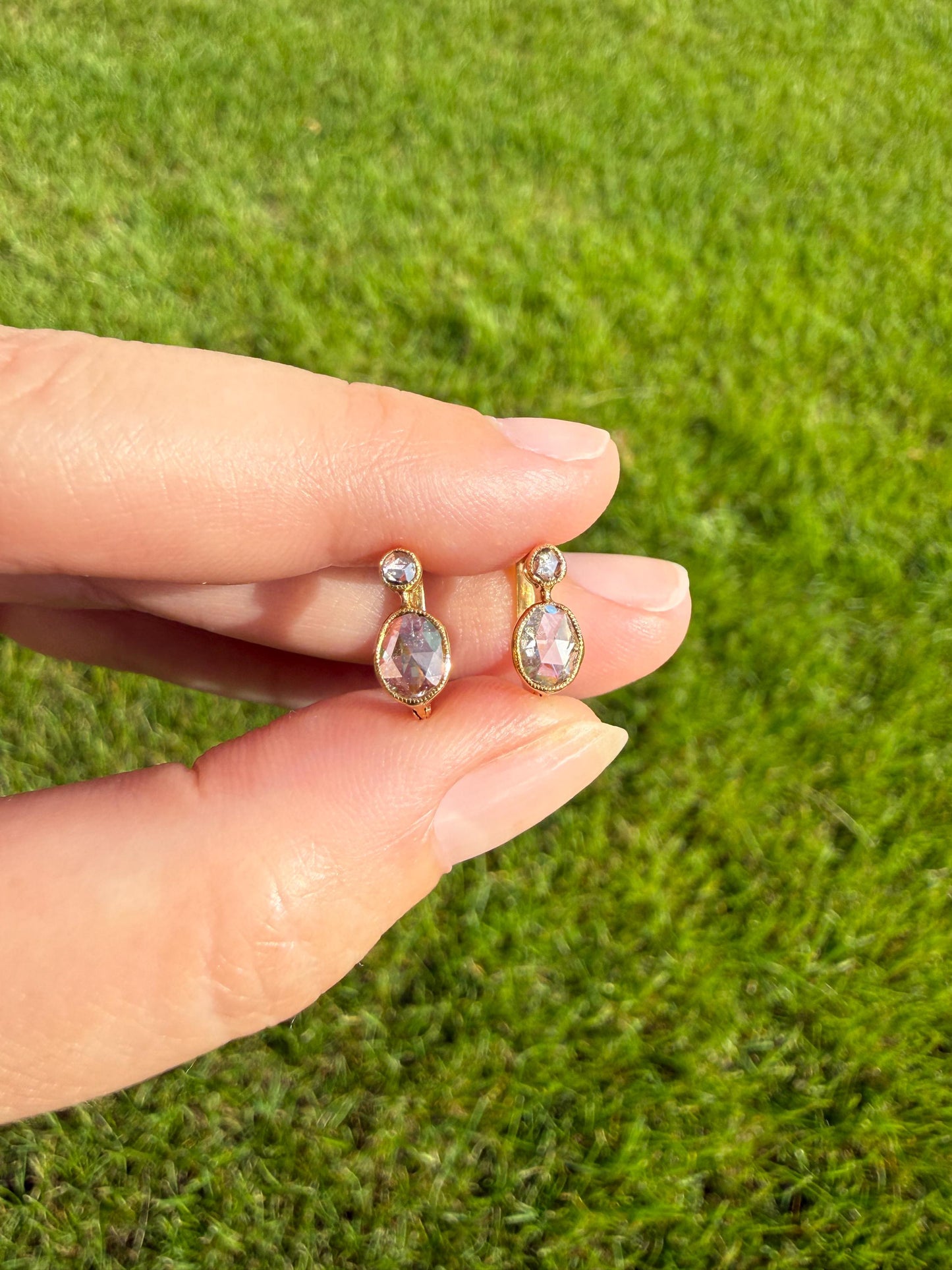 ANTIQUE Rose Cut Diamond OVAL Dormeuse Earrings 18k Gold Fixed Bezel Set Four Stones Dainty Minimalist Sparkle