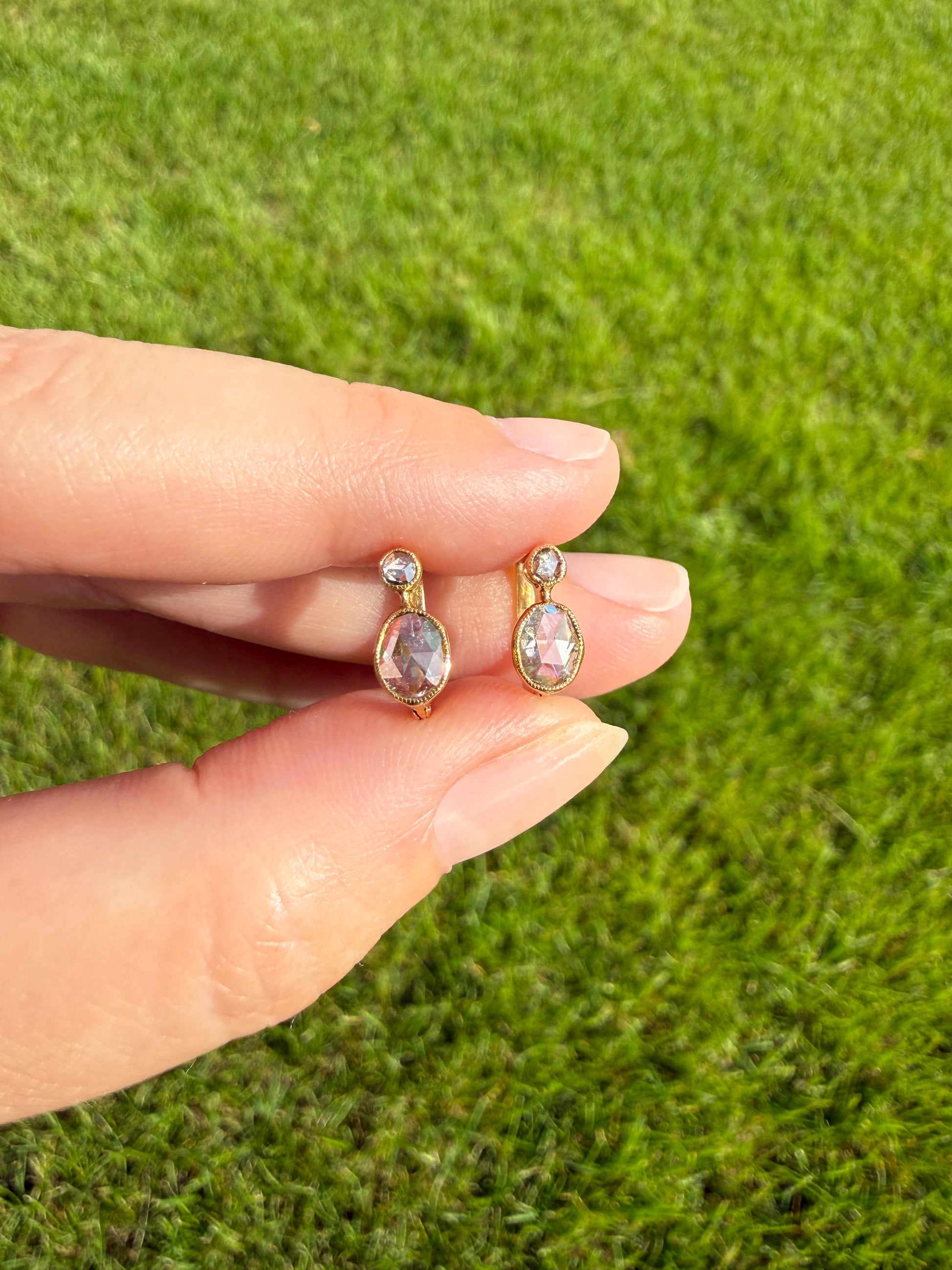 ANTIQUE Rose Cut Diamond OVAL Dormeuse Earrings 18k Gold Fixed Bezel Set Four Stones Dainty Minimalist Sparkle