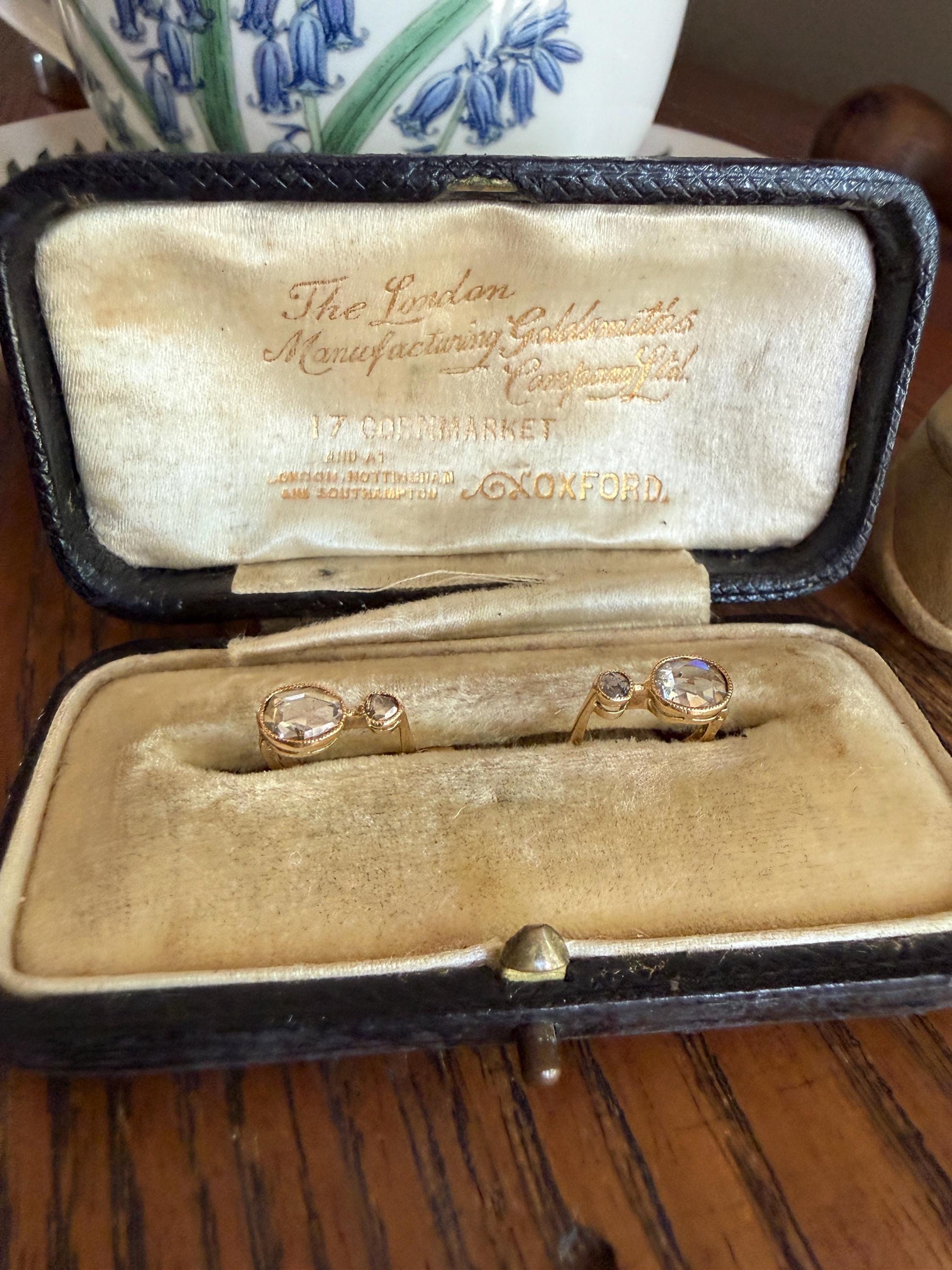 ANTIQUE Rose Cut Diamond OVAL Dormeuse Earrings 18k Gold Fixed Bezel Set Four Stones Dainty Minimalist Sparkle