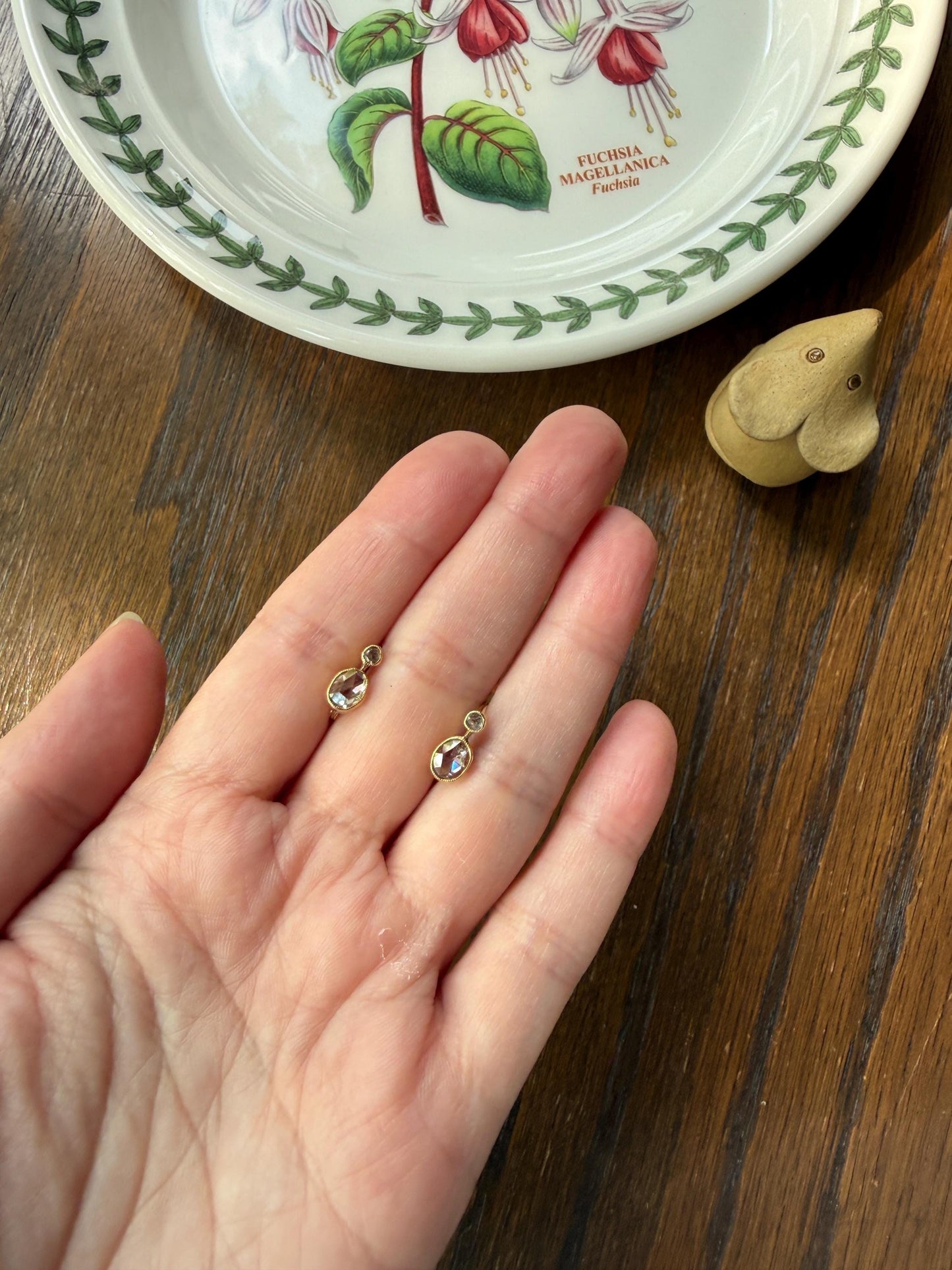 ANTIQUE Rose Cut Diamond OVAL Dormeuse Earrings 18k Gold Fixed Bezel Set Four Stones Dainty Minimalist Sparkle