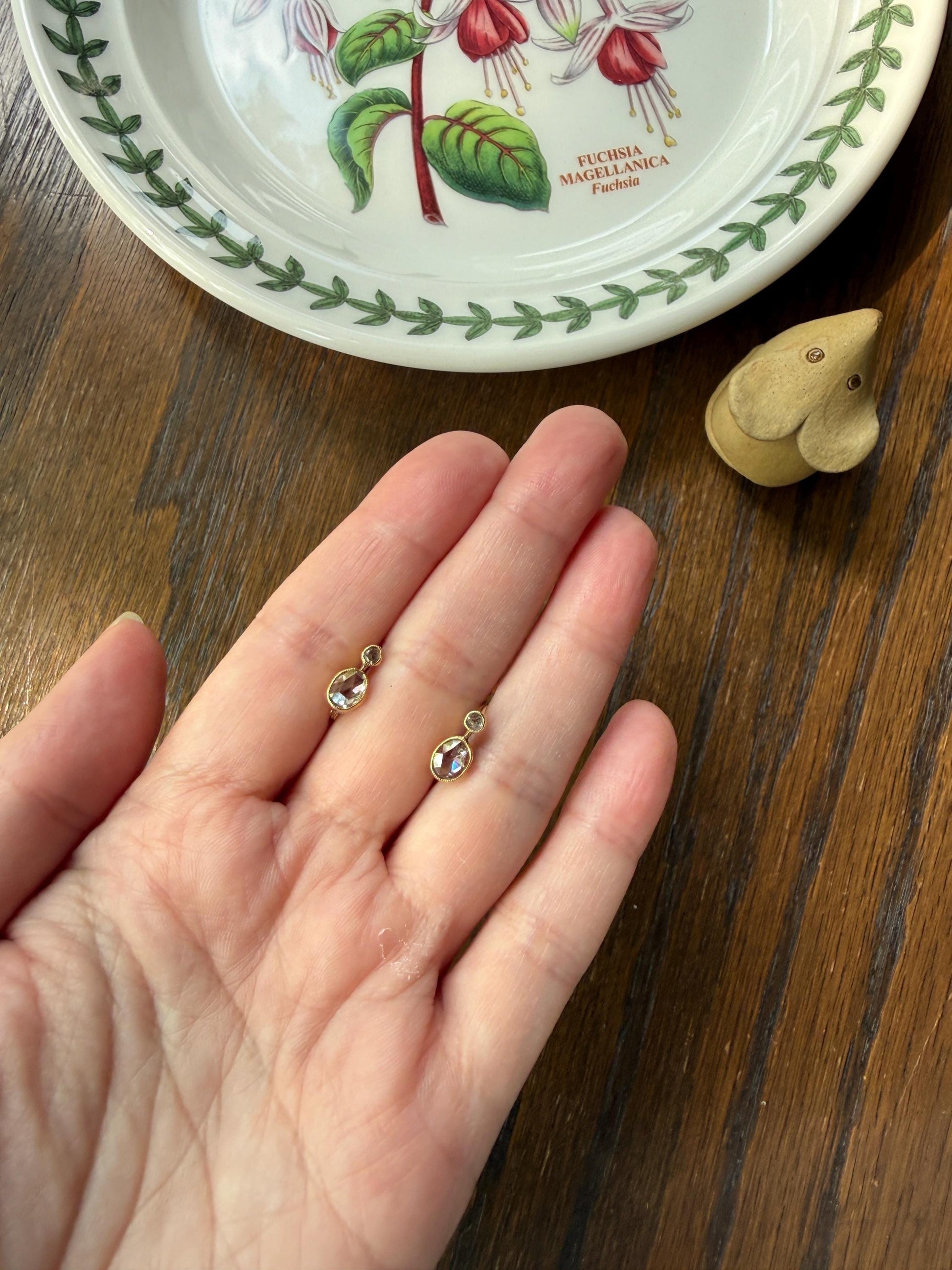 ANTIQUE Rose Cut Diamond OVAL Dormeuse Earrings 18k Gold Fixed Bezel Set Four Stones Dainty Minimalist Sparkle
