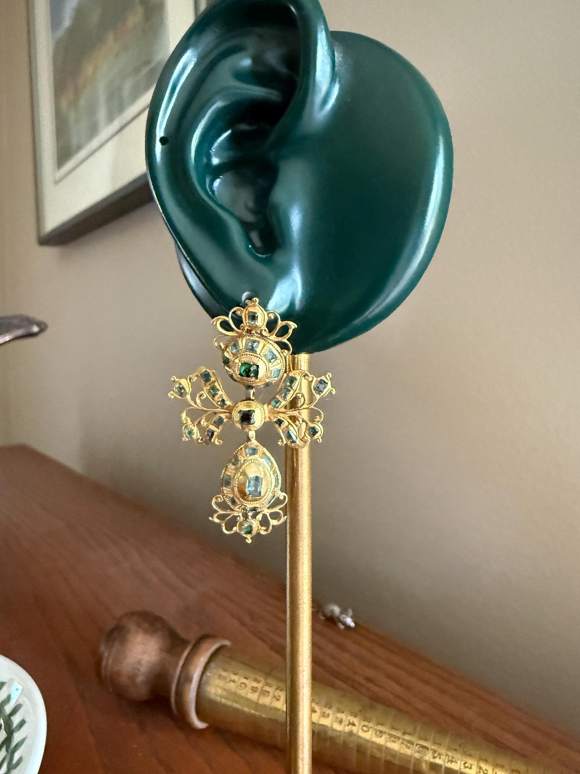 ANTIQUE Original Iberian 67 Natural EMERALD Georgian Era Dangle Earrings 18k Gold 18th Century Figural Ornate Openwork Baroque Period