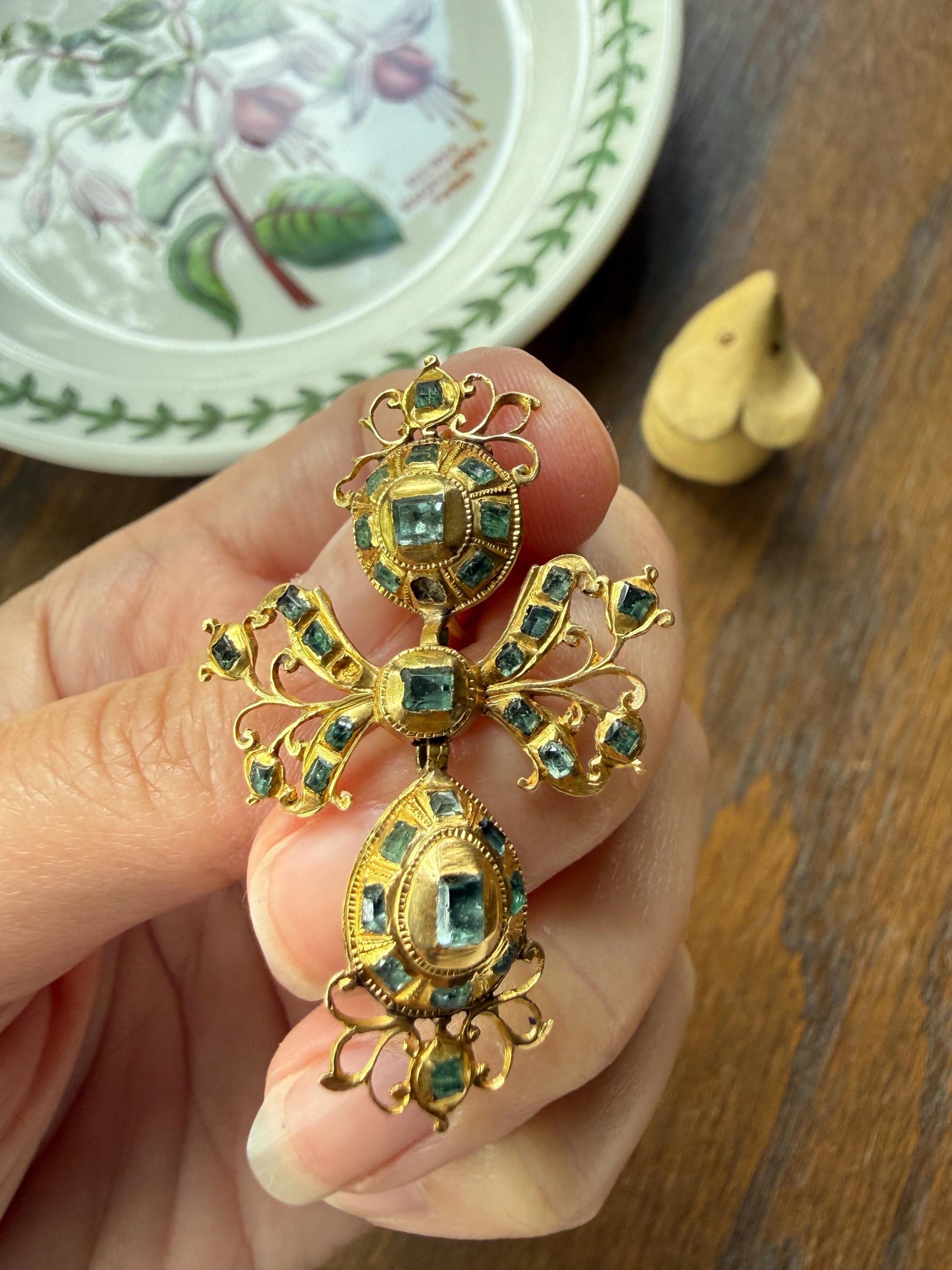 ANTIQUE Original Iberian 67 Natural EMERALD Georgian Era Dangle Earrings 18k Gold 18th Century Figural Ornate Openwork Baroque Period