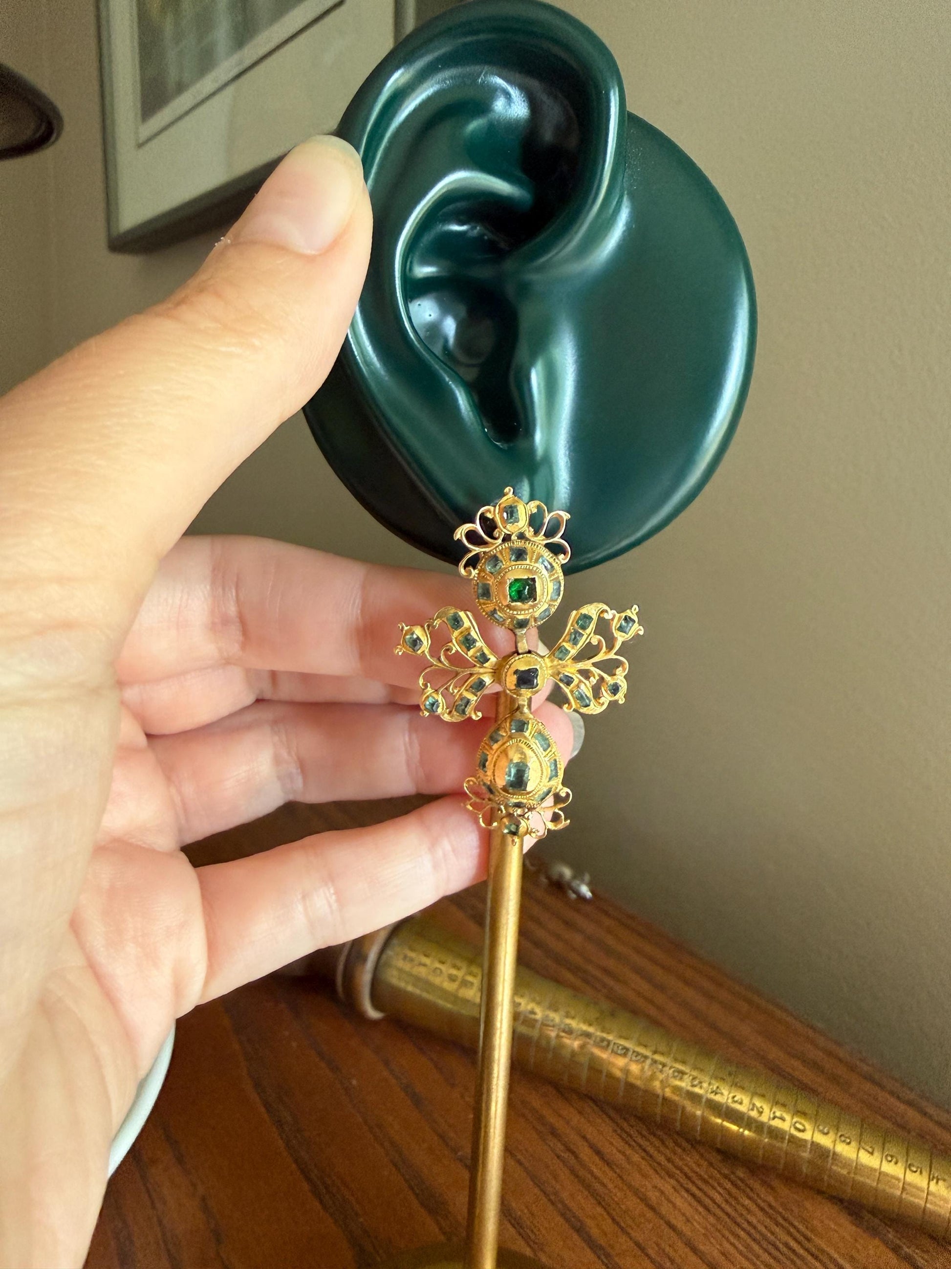 ANTIQUE Original Iberian 67 Natural EMERALD Georgian Era Dangle Earrings 18k Gold 18th Century Figural Ornate Openwork Baroque Period