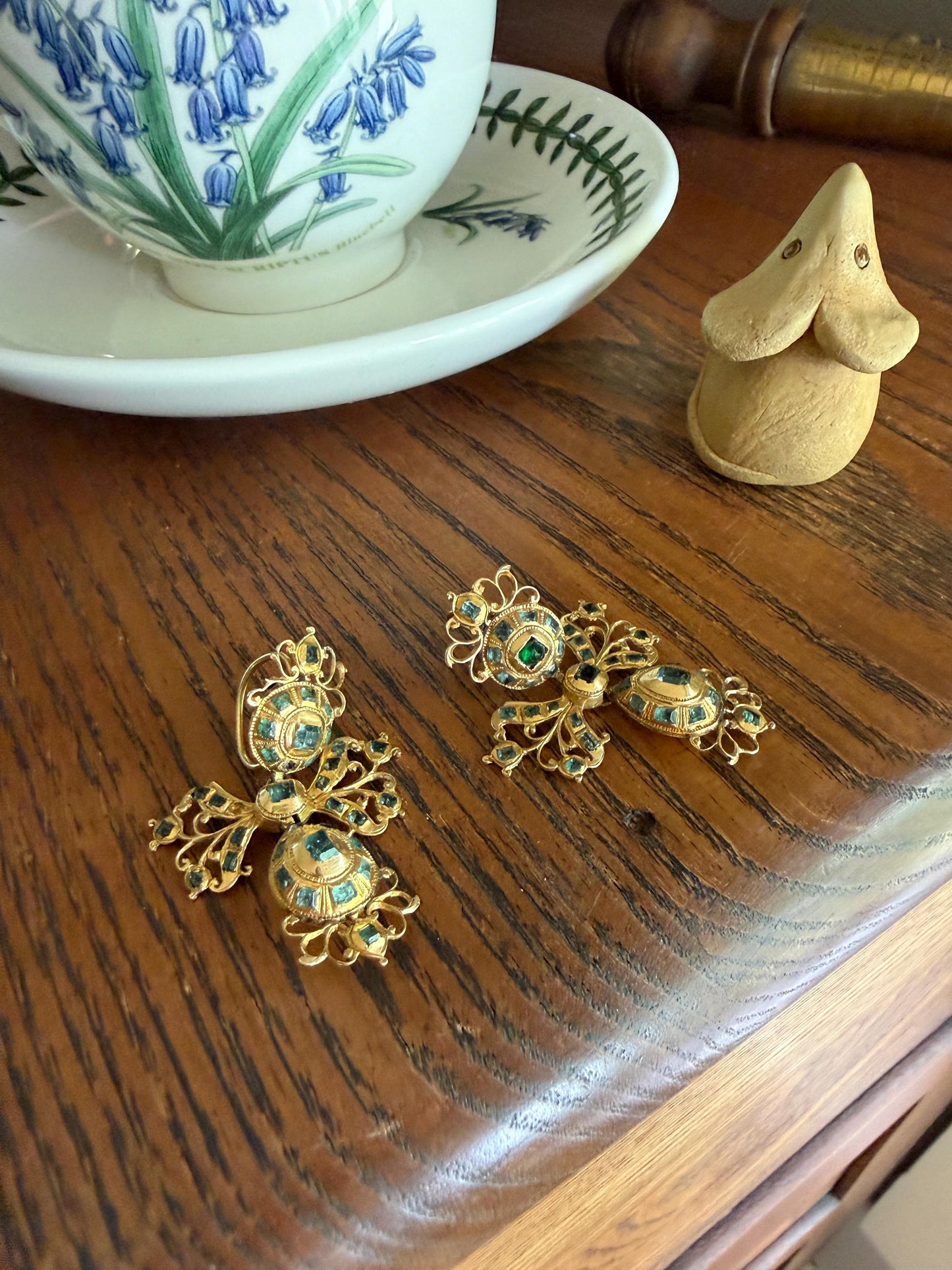 ANTIQUE Original Iberian 67 Natural EMERALD Georgian Era Dangle Earrings 18k Gold 18th Century Figural Ornate Openwork Baroque Period