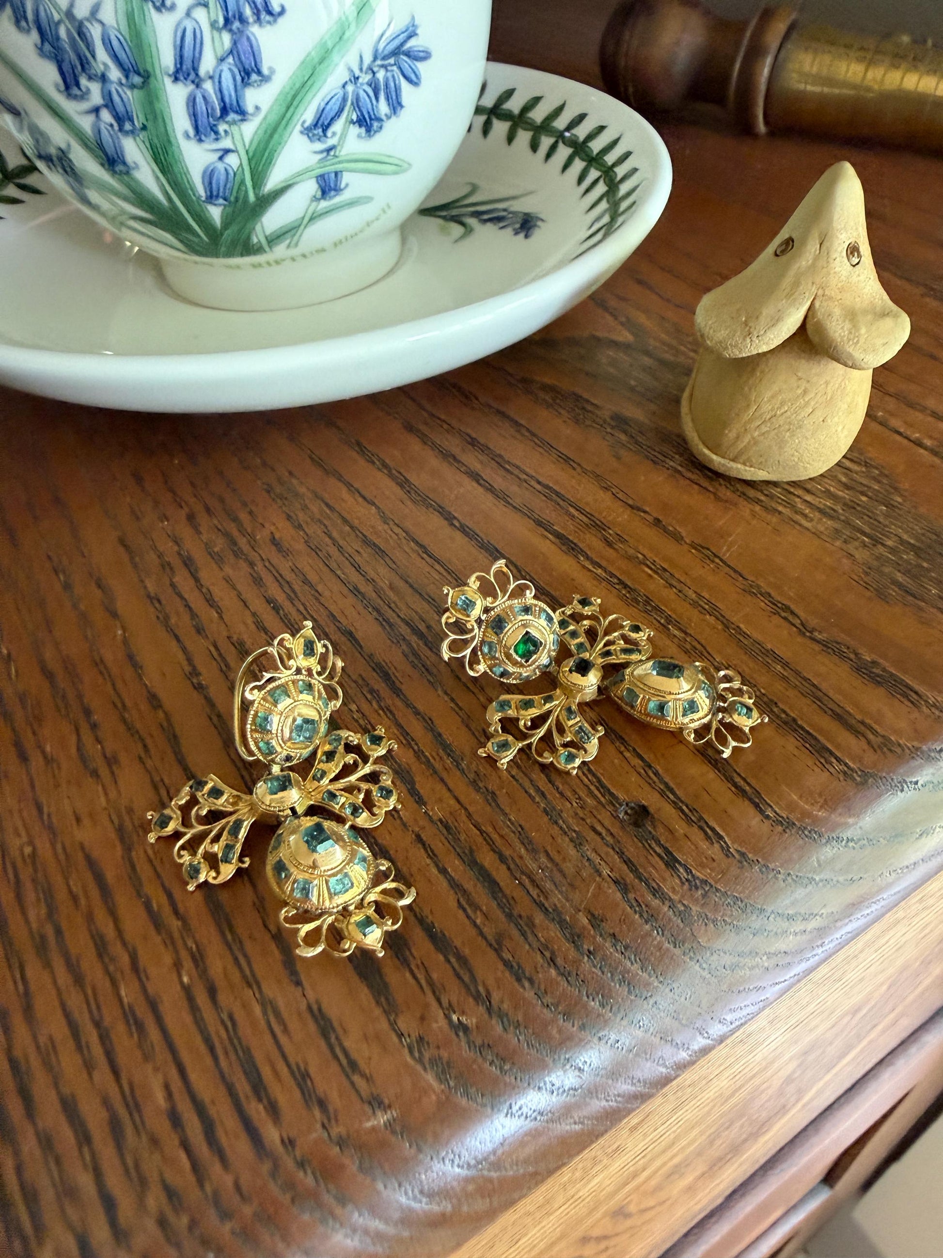 ANTIQUE Original Iberian 67 Natural EMERALD Georgian Era Dangle Earrings 18k Gold 18th Century Figural Ornate Openwork Baroque Period