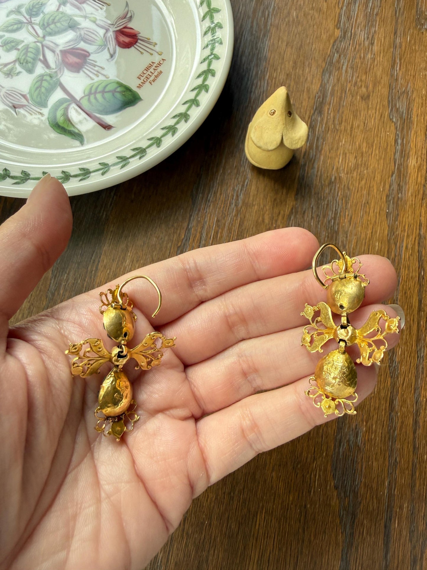 ANTIQUE Original Iberian 67 Natural EMERALD Georgian Era Dangle Earrings 18k Gold 18th Century Figural Ornate Openwork Baroque Period