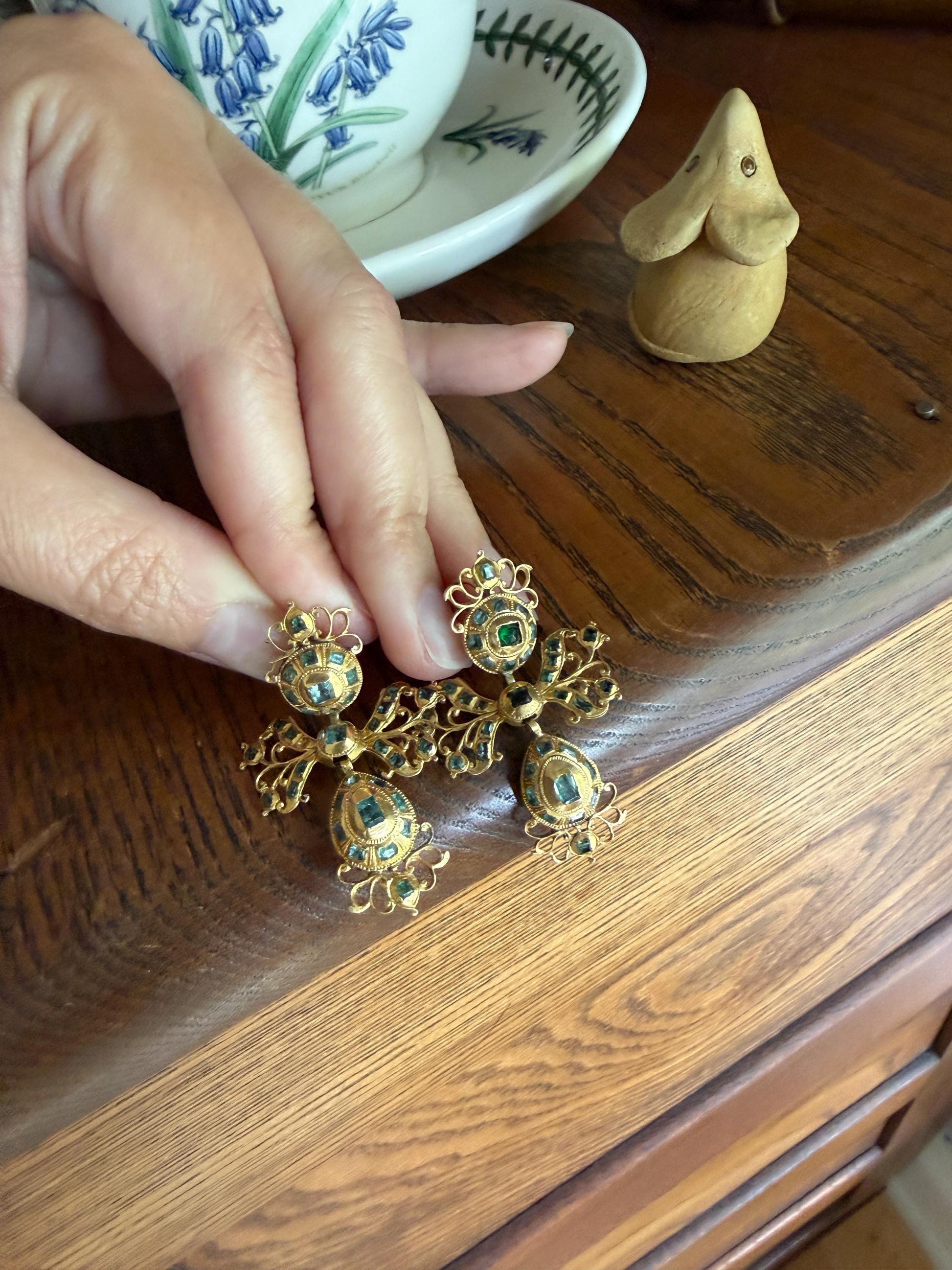 ANTIQUE Original Iberian 67 Natural EMERALD Georgian Era Dangle Earrings 18k Gold 18th Century Figural Ornate Openwork Baroque Period