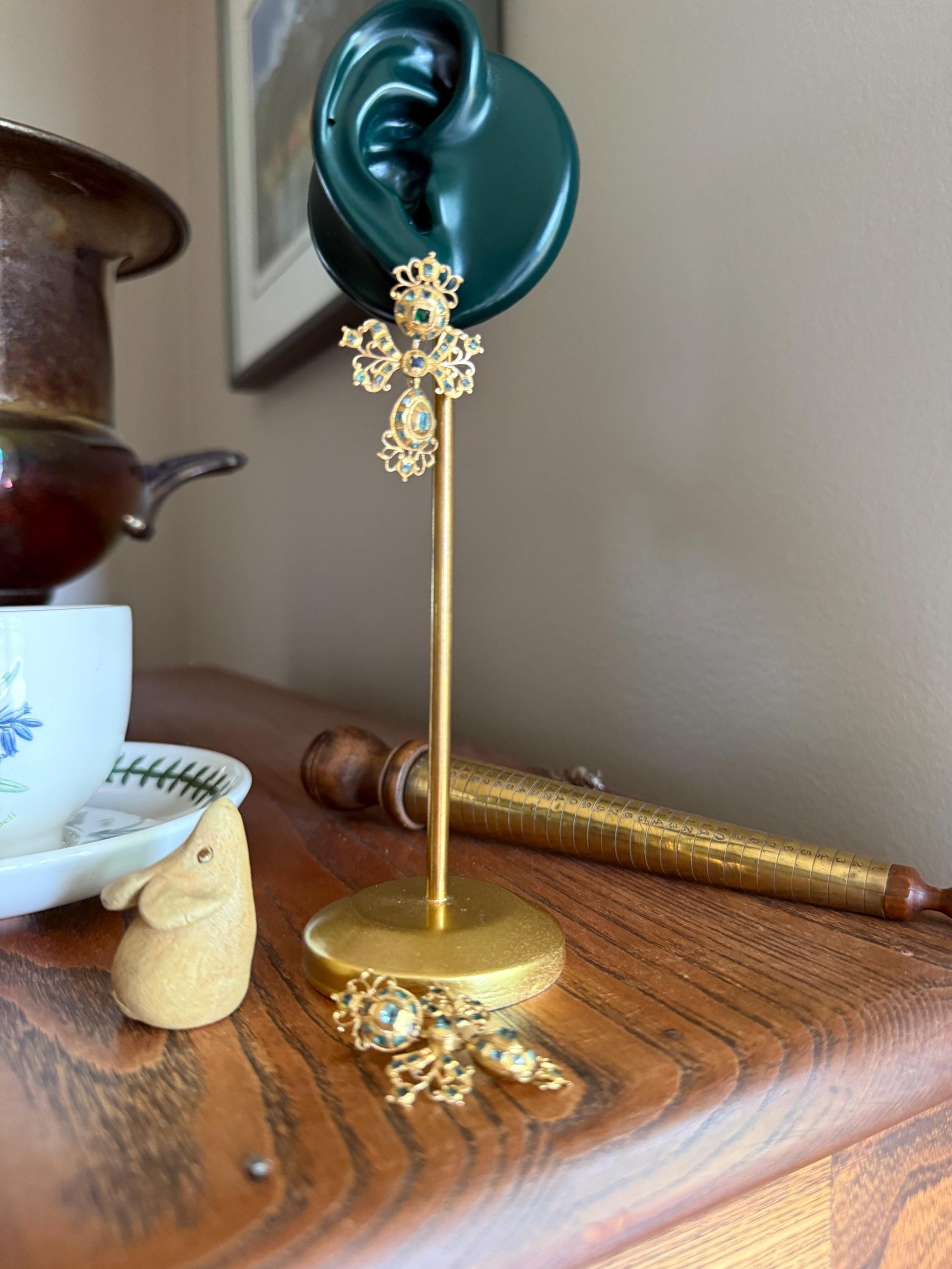 ANTIQUE Original Iberian 67 Natural EMERALD Georgian Era Dangle Earrings 18k Gold 18th Century Figural Ornate Openwork Baroque Period