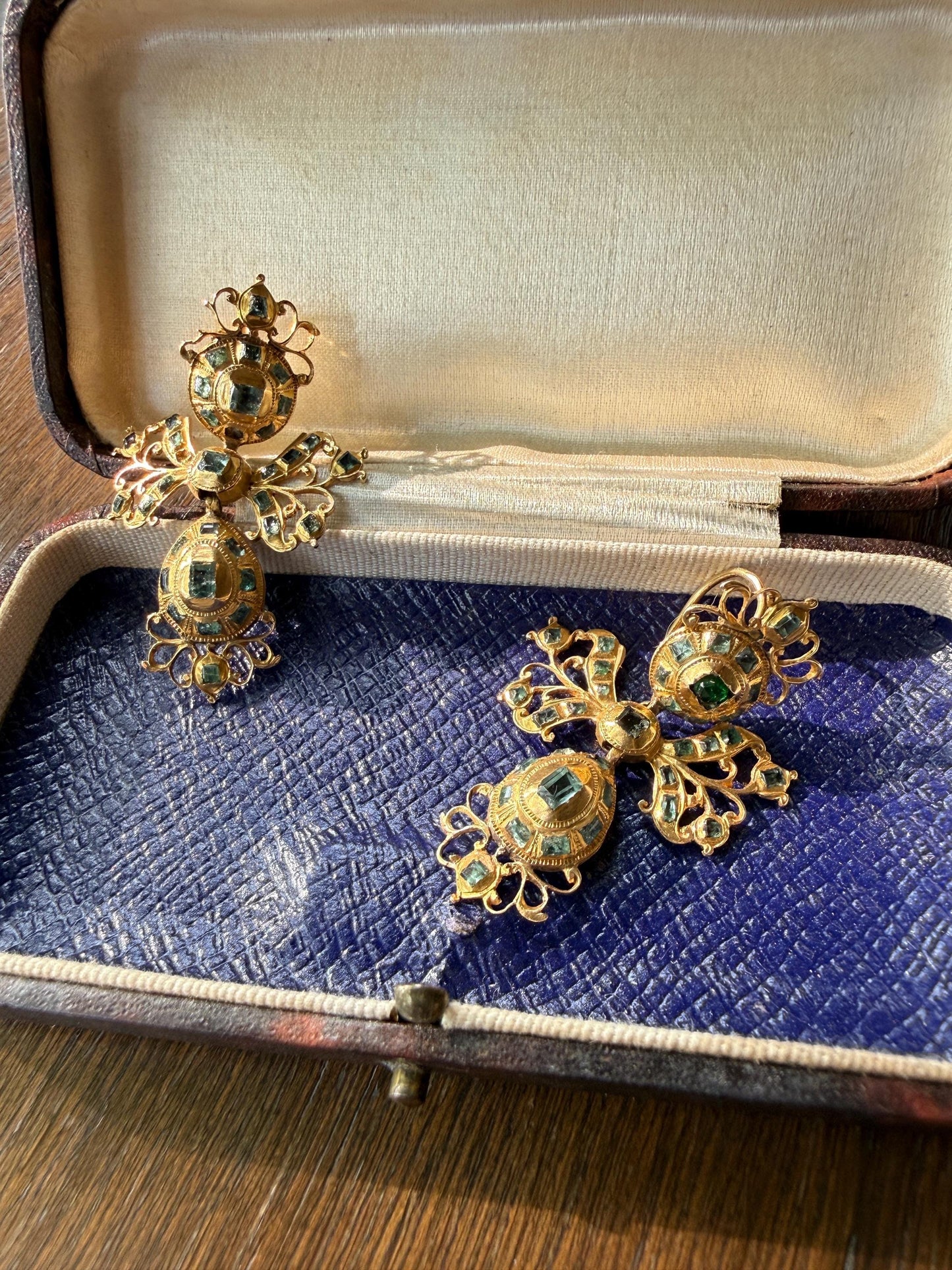 ANTIQUE Original Iberian 67 Natural EMERALD Georgian Era Dangle Earrings 18k Gold 18th Century Figural Ornate Openwork Baroque Period