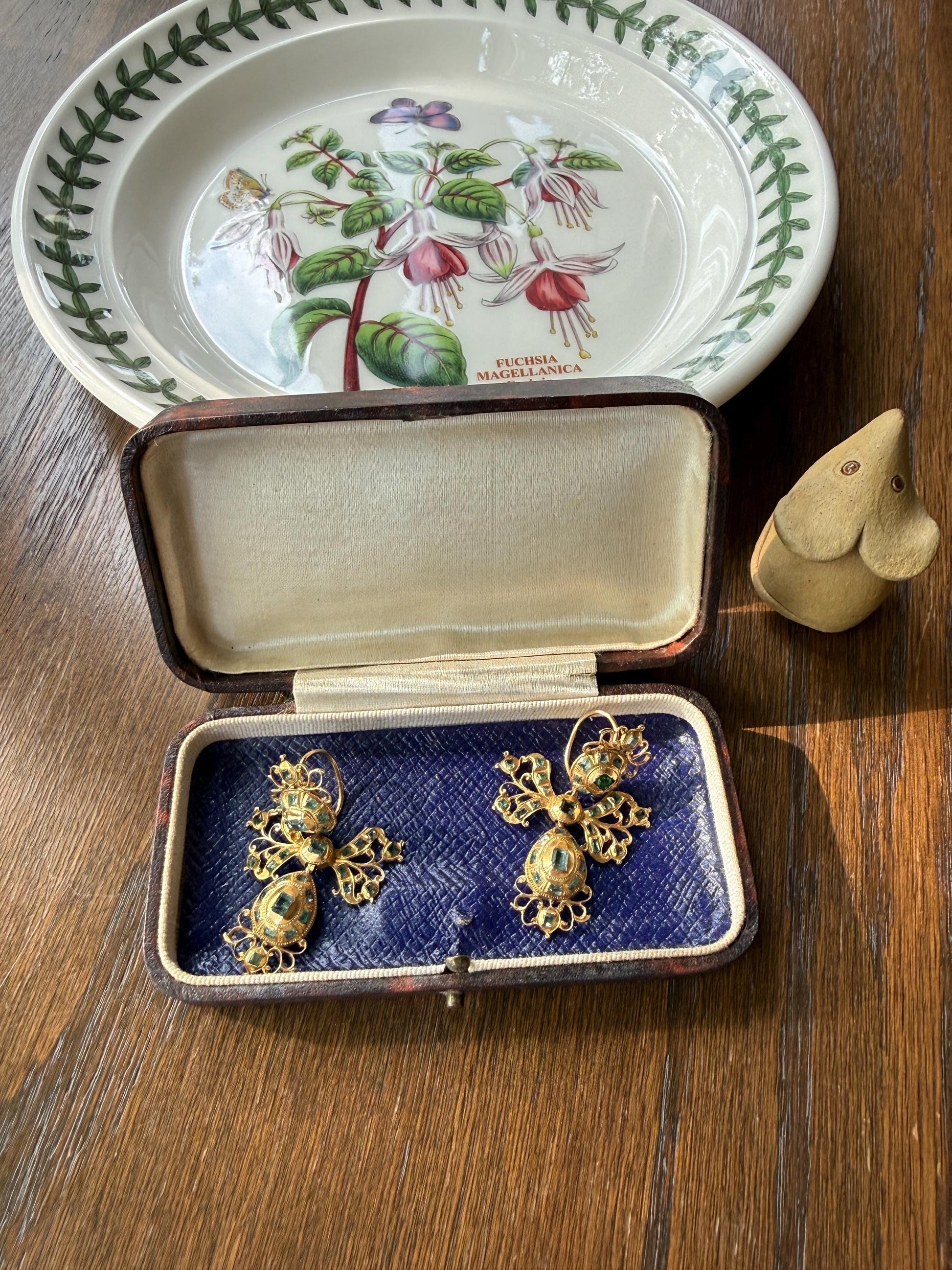 ANTIQUE Original Iberian 67 Natural EMERALD Georgian Era Dangle Earrings 18k Gold 18th Century Figural Ornate Openwork Baroque Period